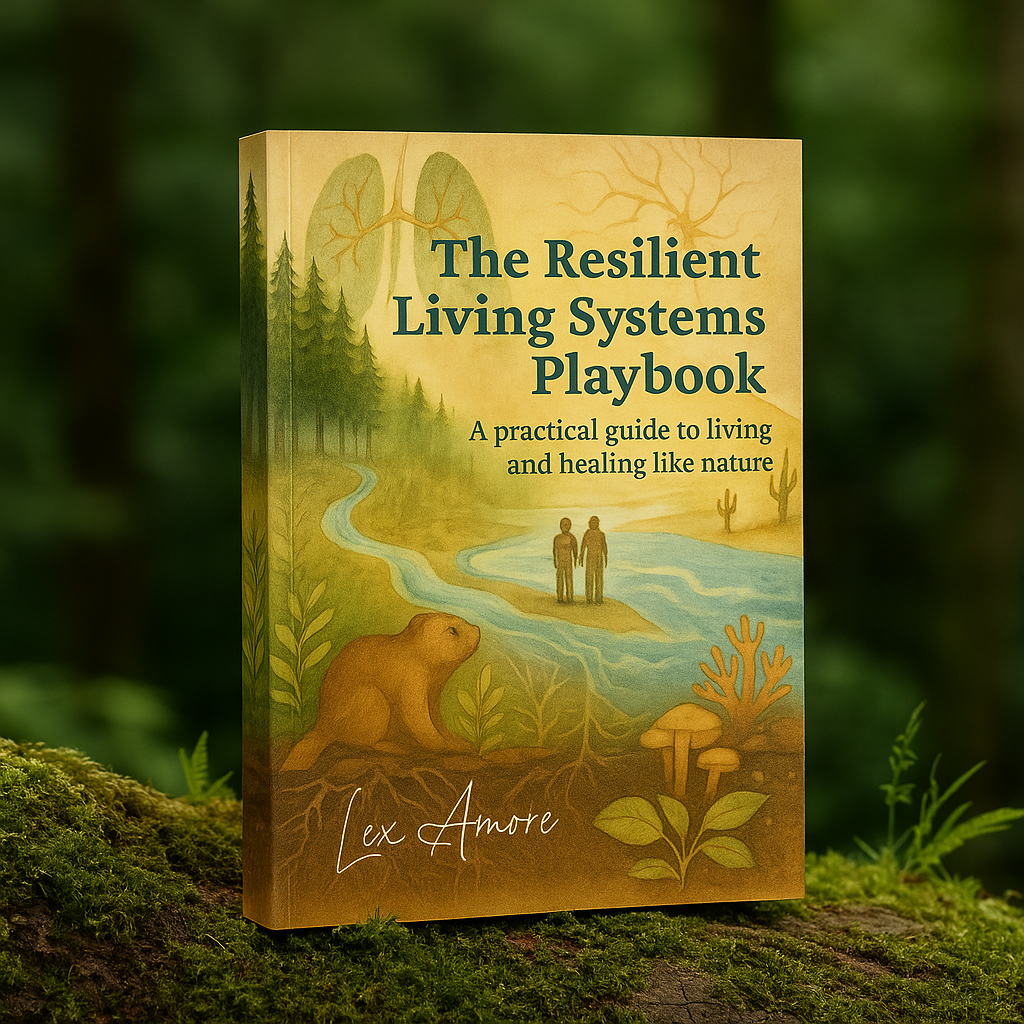 Cover of a book titled "The Resilient Living Systems Playbook" with a subtitle "A practical guide to living and healing like nature." The cover illustration depicts a natural landscape with a river, trees, a bear, a couple standing together in the river, and plants. The author is Lex Amore.