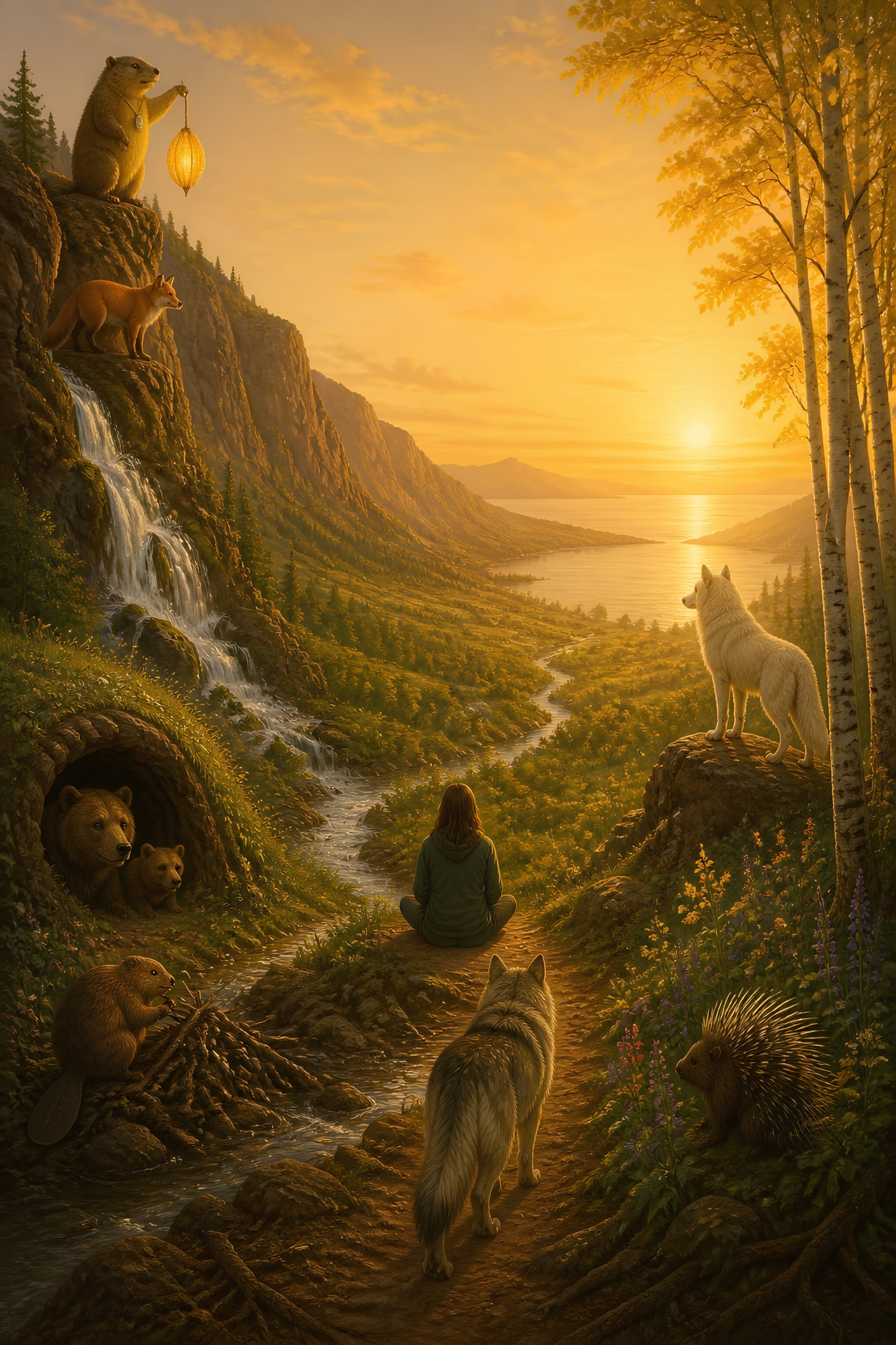 Another Way Through by Lex Amore, book cover showing a golden valley with wolves, a marmot holding a lantern, and a woman sitting on a trail