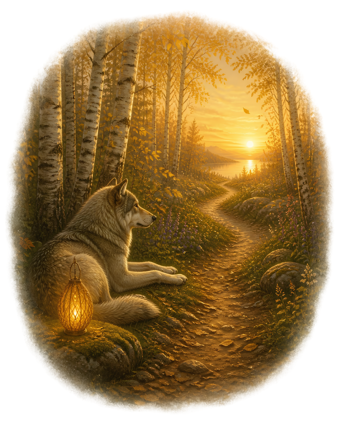 A gray wolf resting beside a glowing lantern where a gentle path bends through birch trees toward a morning lake