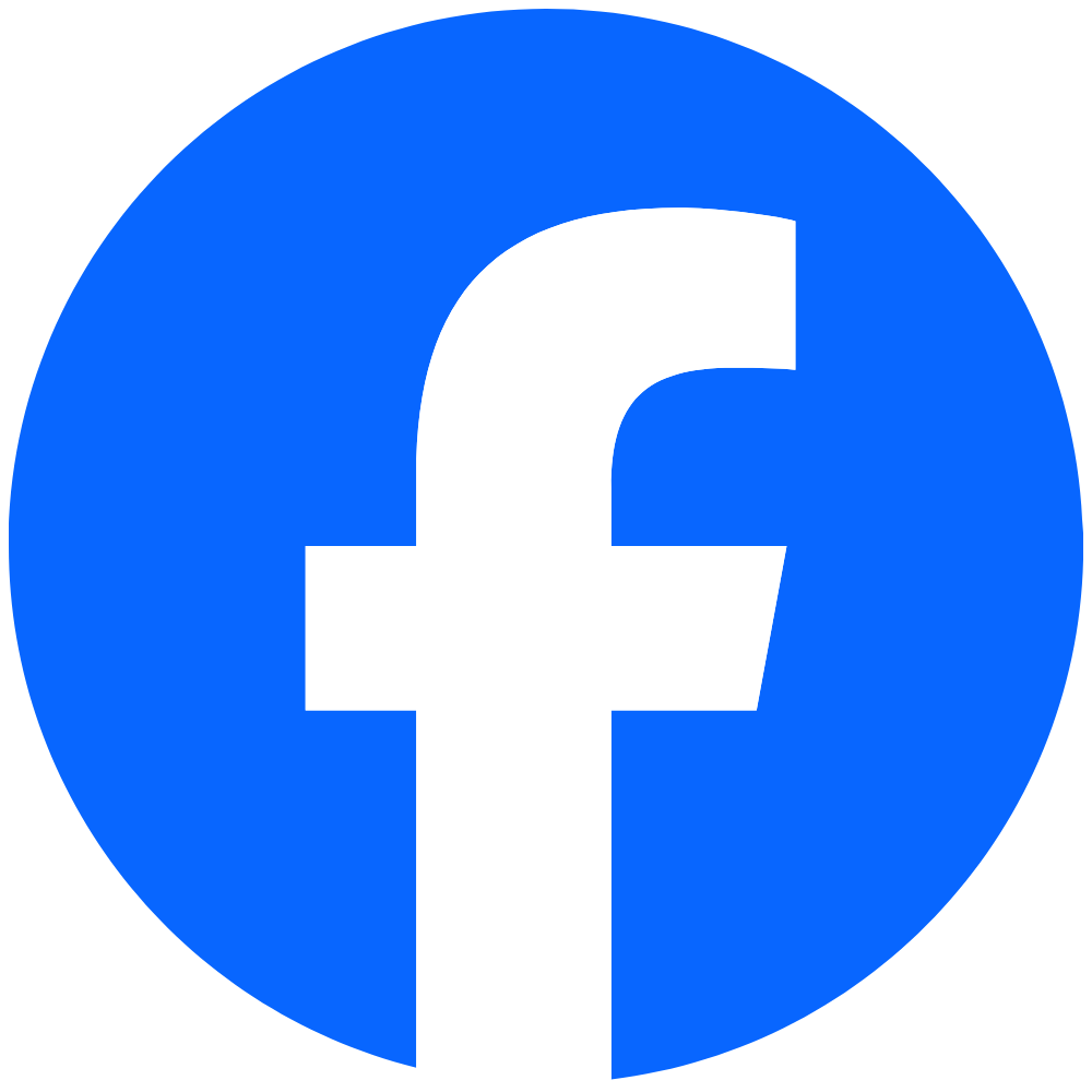 Facebook logo with a blue circle and white lowercase 'f' in the center.