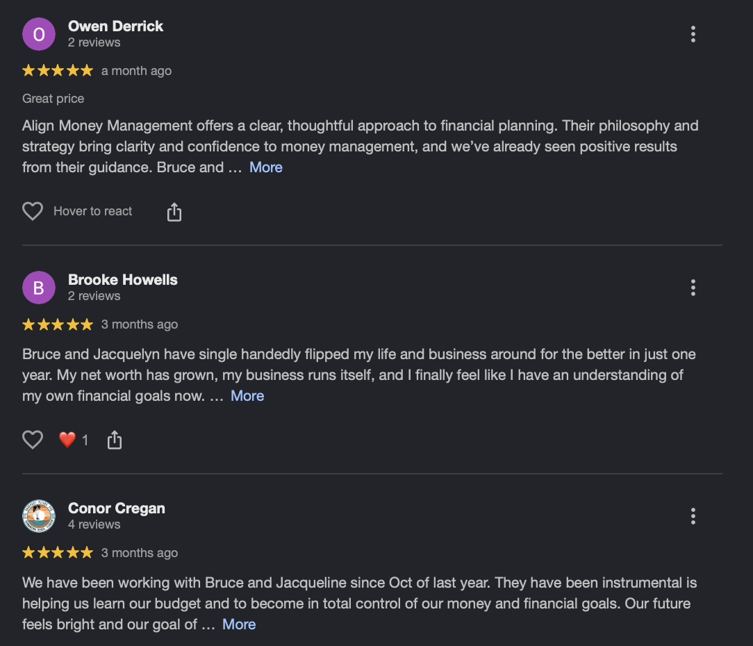 Screenshots of online reviews about financial management services, including comments from users praising the guidance and results they received.