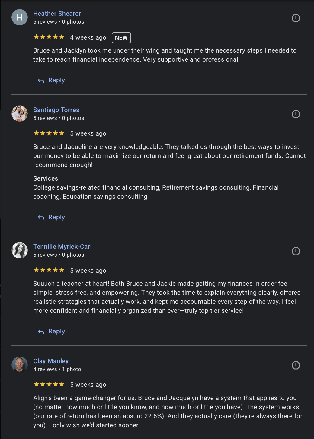 Screenshots of four online reviews about financial coaching services, showing star ratings, reviewer names, review dates, and detailed positive feedback.