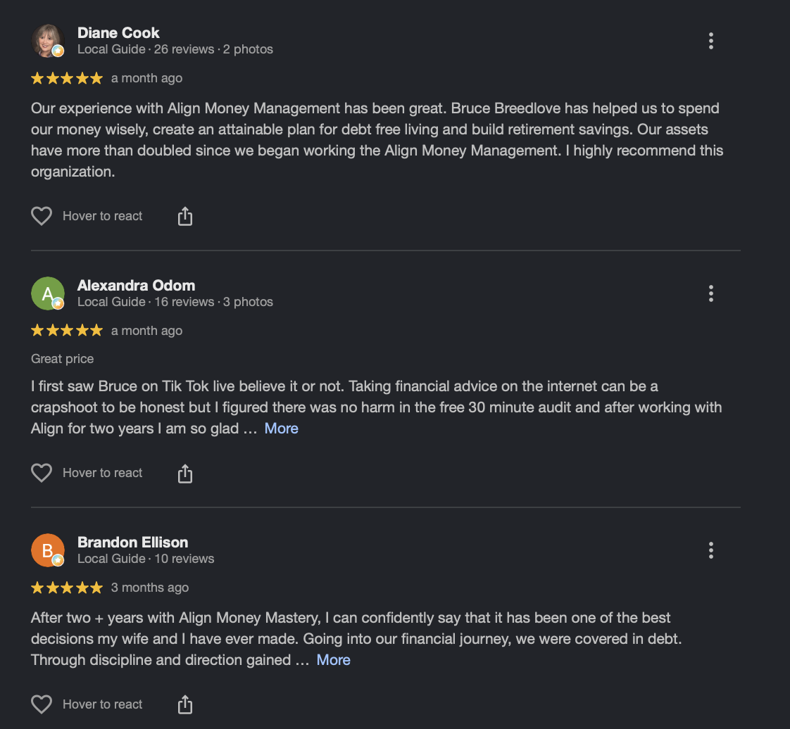 Screenshot of three customer reviews for a financial management company called Align Money Management, with ratings of five stars each, praising the organization's services and leadership.