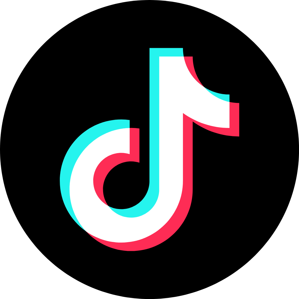 TikTok logo with white musical note on a black circular background.