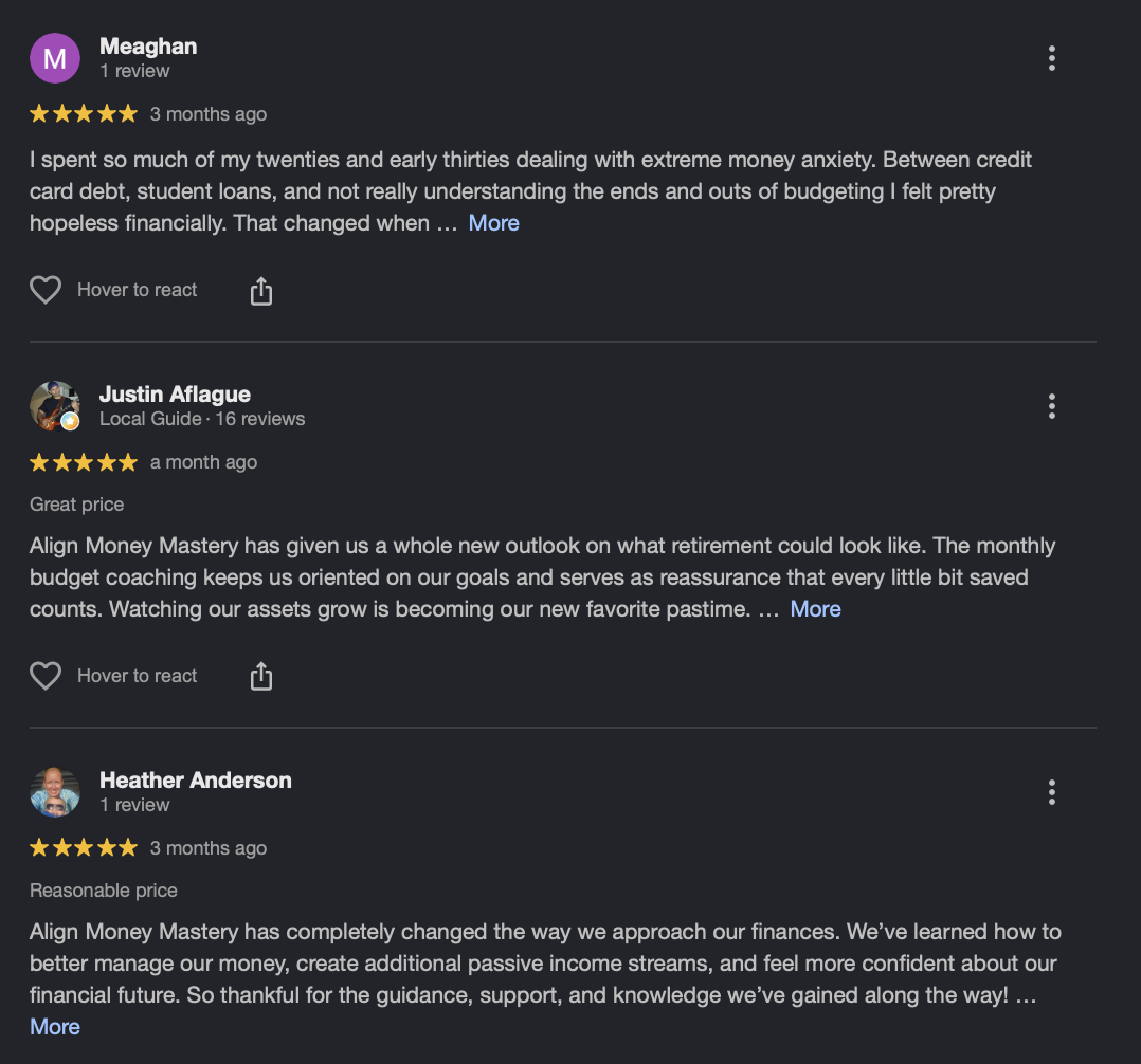 Screenshots of three different online reviews for a financial coaching service, all giving five-star ratings.