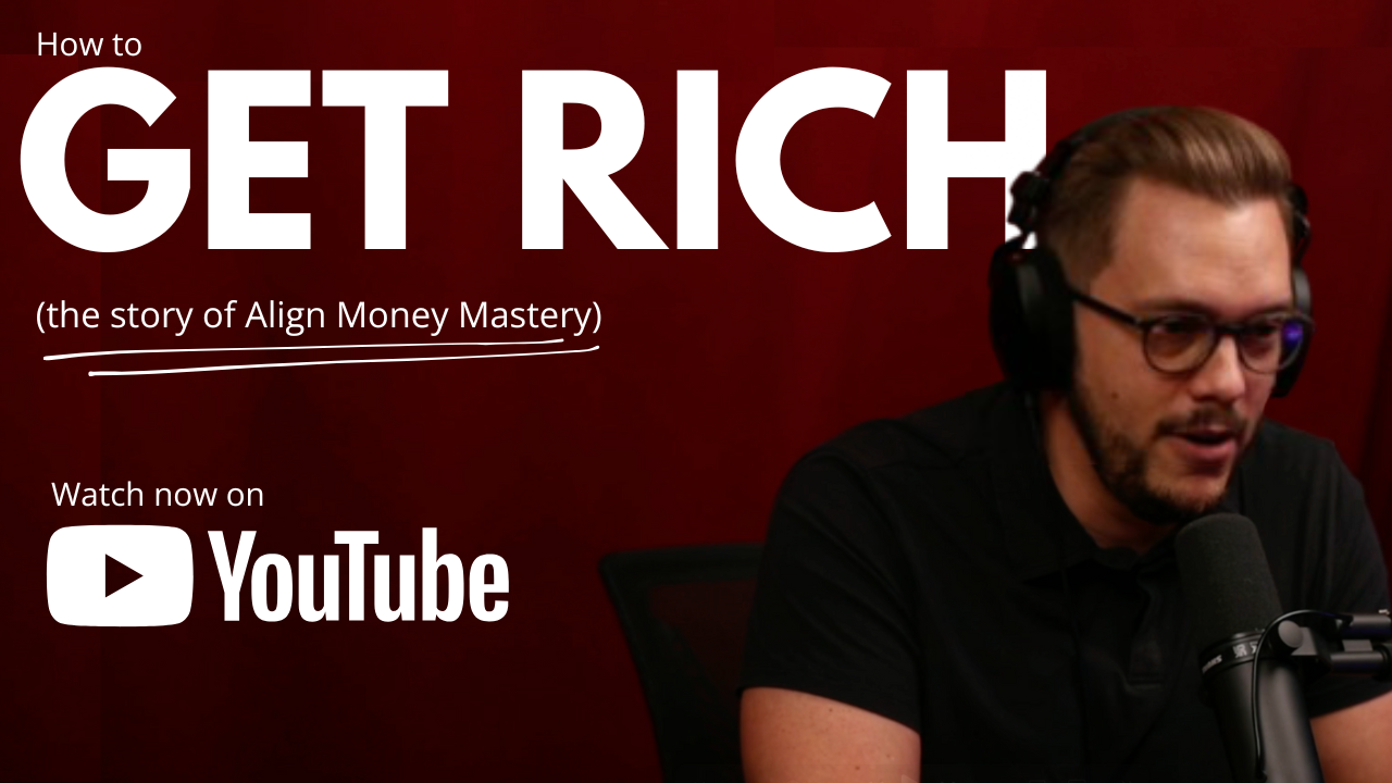 A man wearing glasses and headphones speaking into a microphone with a YouTube logo and text promoting a video titled 'How to Get Rich' by Align Money Mastery.