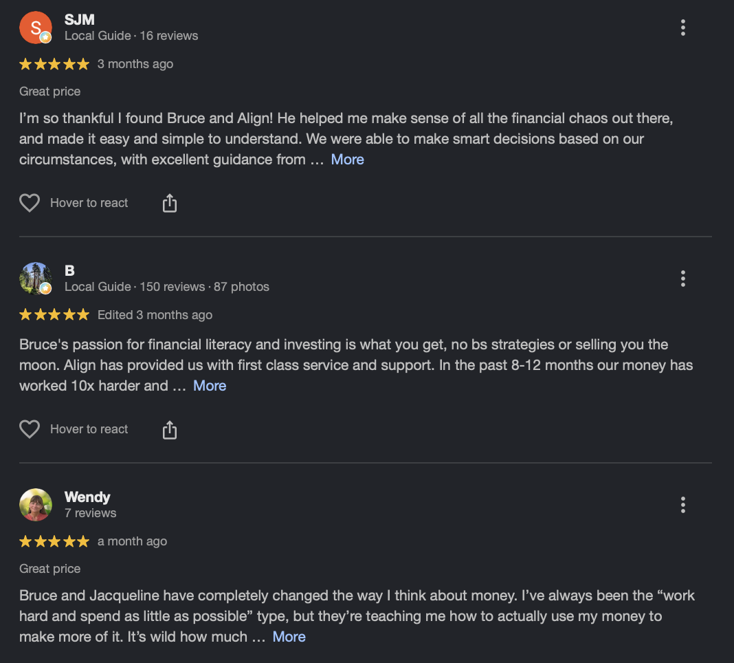 Screenshot of three customer reviews about financial guidance services, showing five-star ratings and comments praising the service.