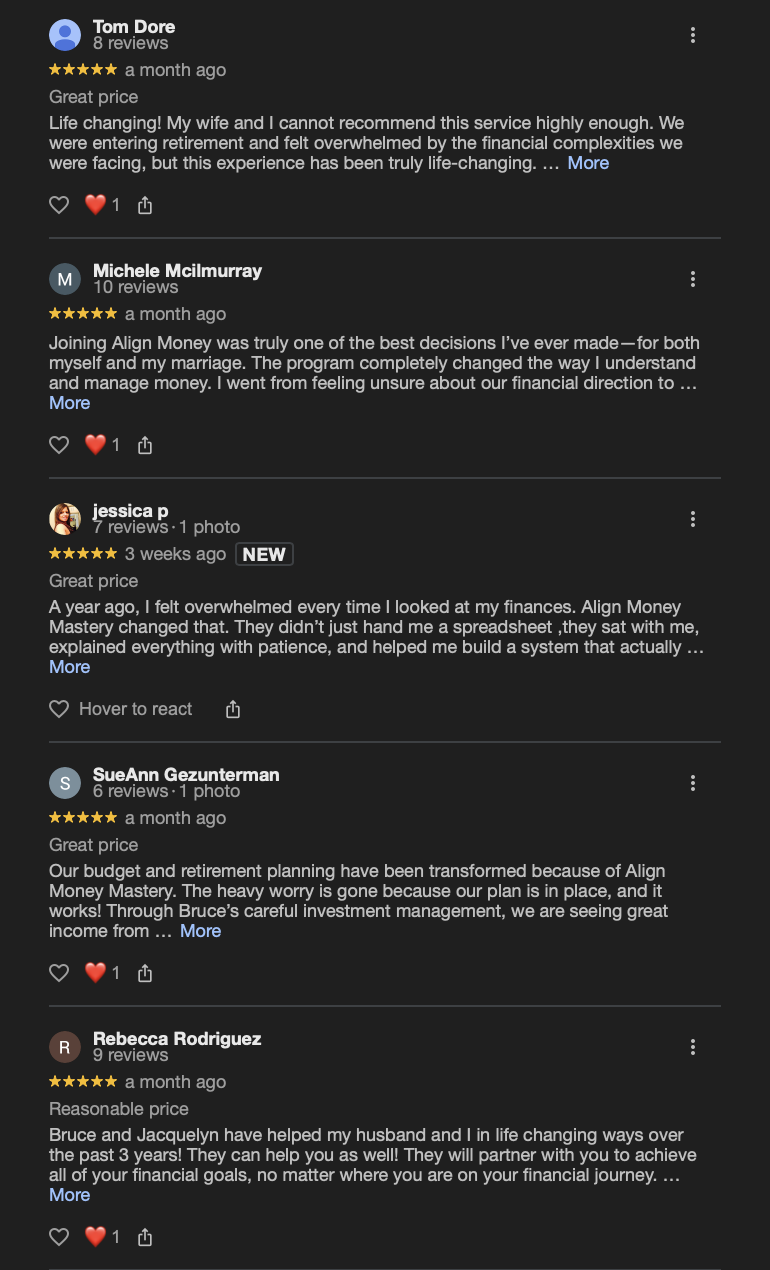 Screenshots of five customer reviews for financial management services, each with star ratings and comments about their experiences.