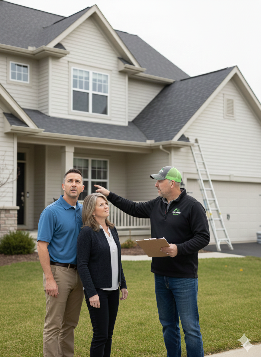 A couple standing on the grass in front of a house, discussing with a man wearing a black jacket and cap, holding a clipboard, possibly a home inspector or real estate agent.
