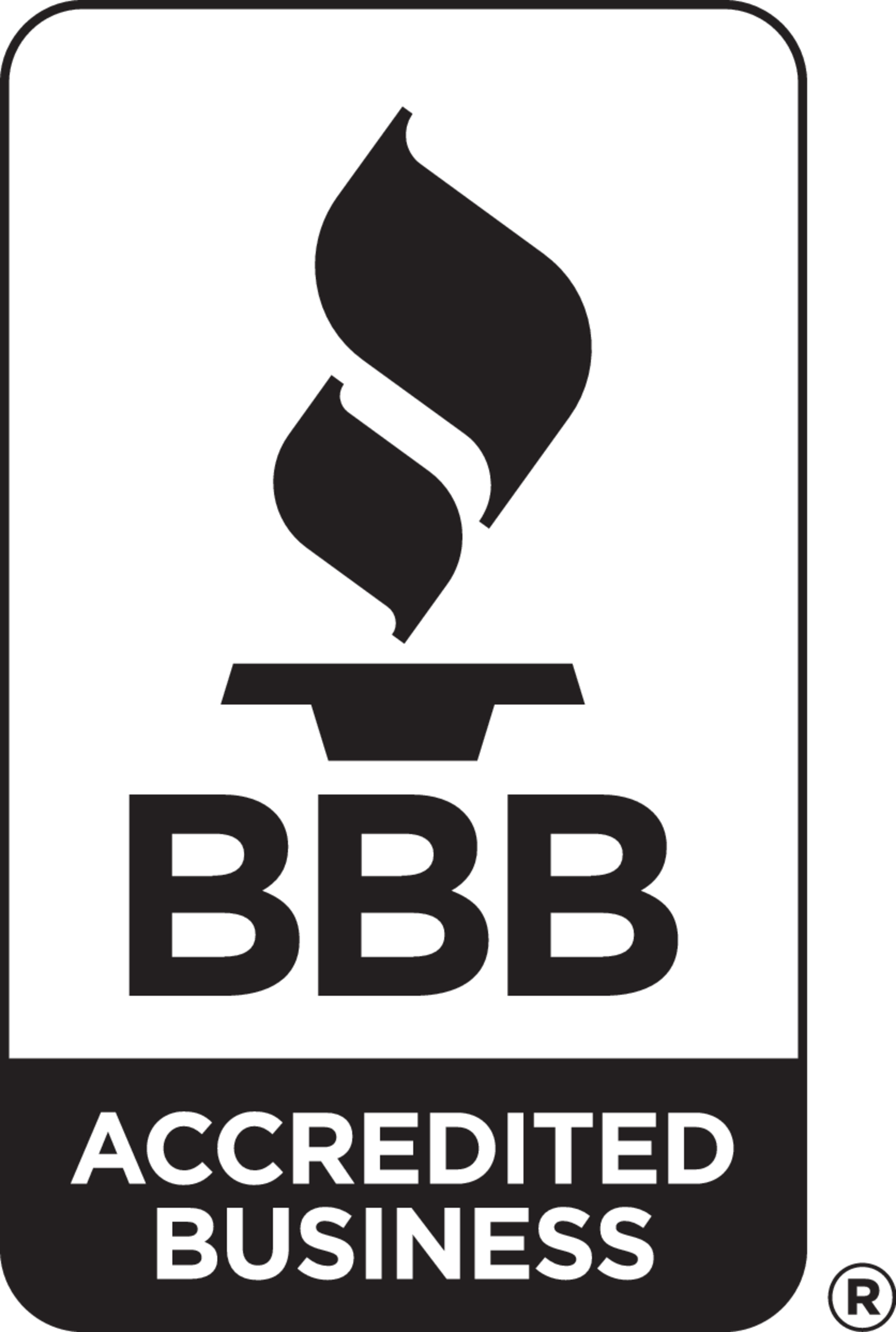Black and white logo with a stylized flame and the text 'BBB' and 'Accredited Business'.