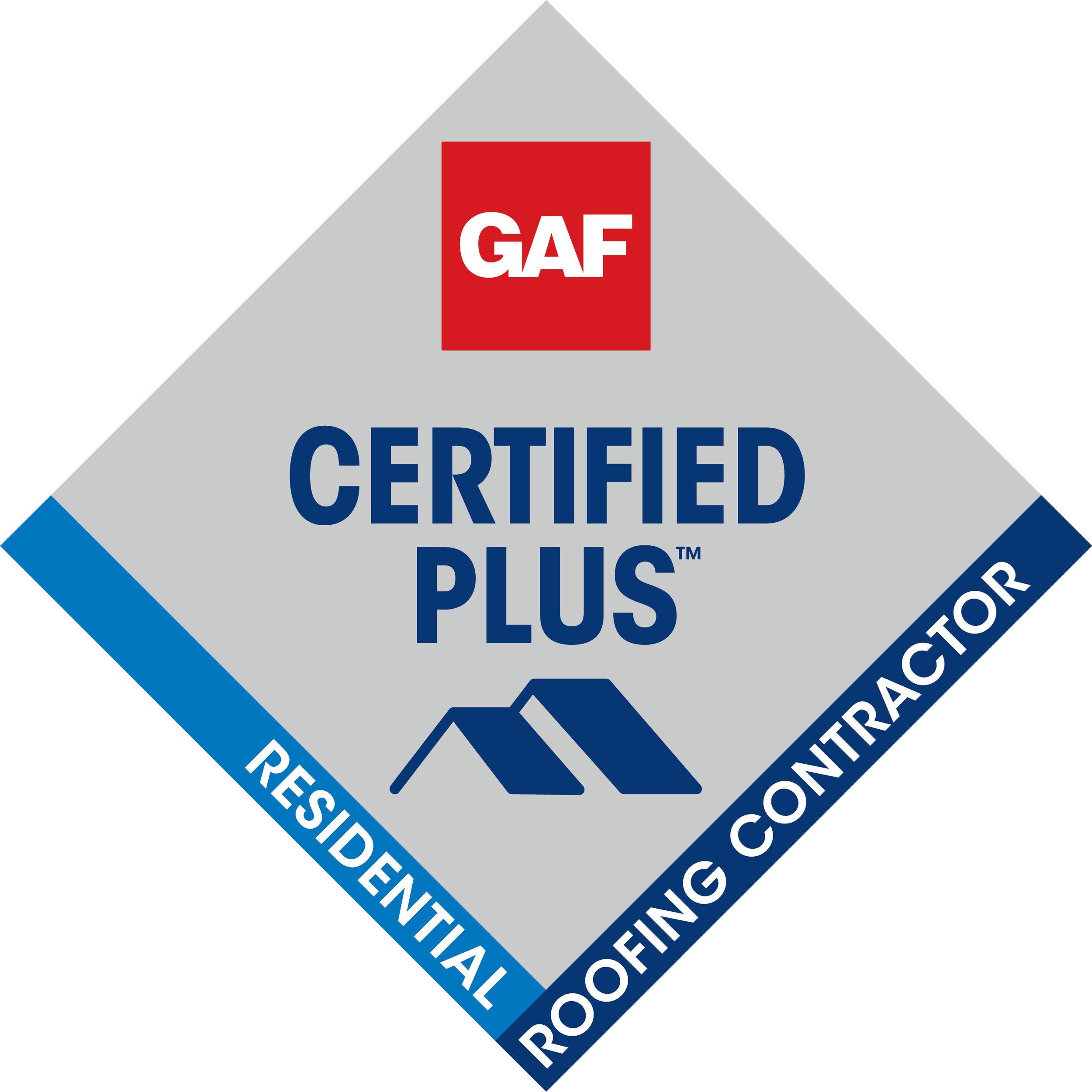 GAF Certified Plus Roofing Contractor badge with blue and grey diamond design, includes the GAF logo in red at the top and a roof icon below the text.