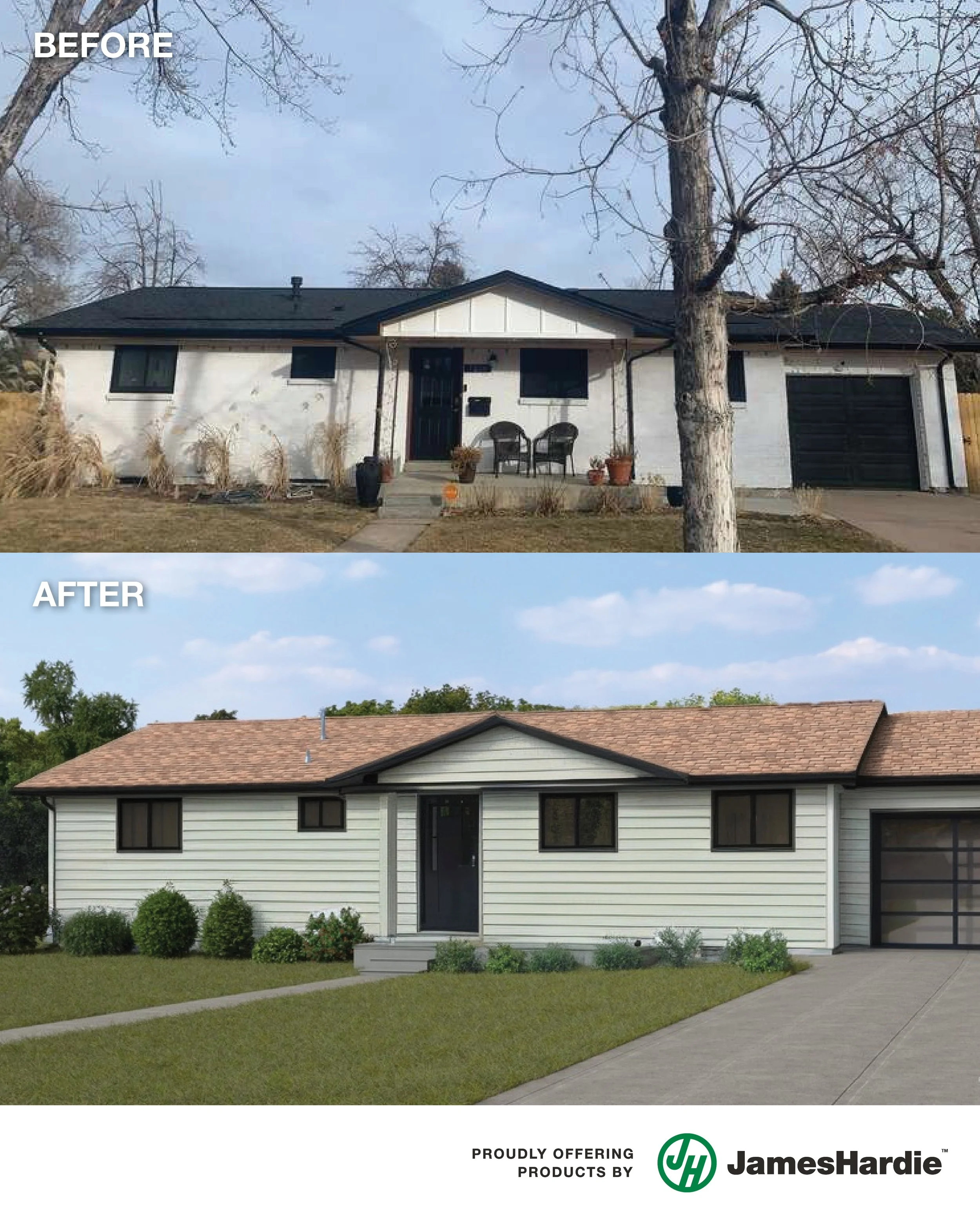 Comparison of a house before and after renovation showing a white house with a black roof, with the exterior updated to beige siding, new black window frames, and a landscaped yard with bushes.