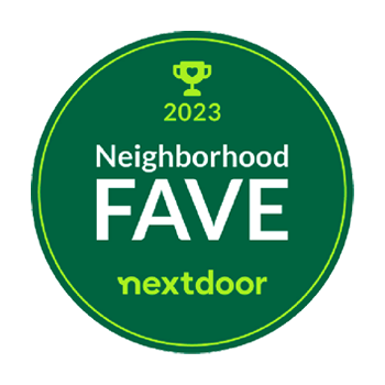 Green circular badge with a trophy icon, year 2023, the words 'Neighborhood FAVE' in the center, and 'nextdoor' at the bottom.