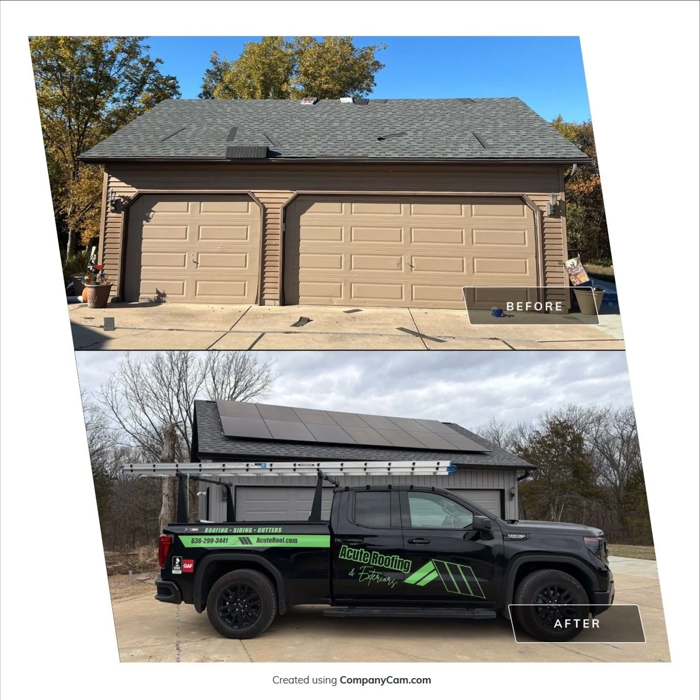 Comparison of a garage before and after roofing with solar panel installation, showing the removal of the garage door in the after image, and a service truck parked in front of the garage.