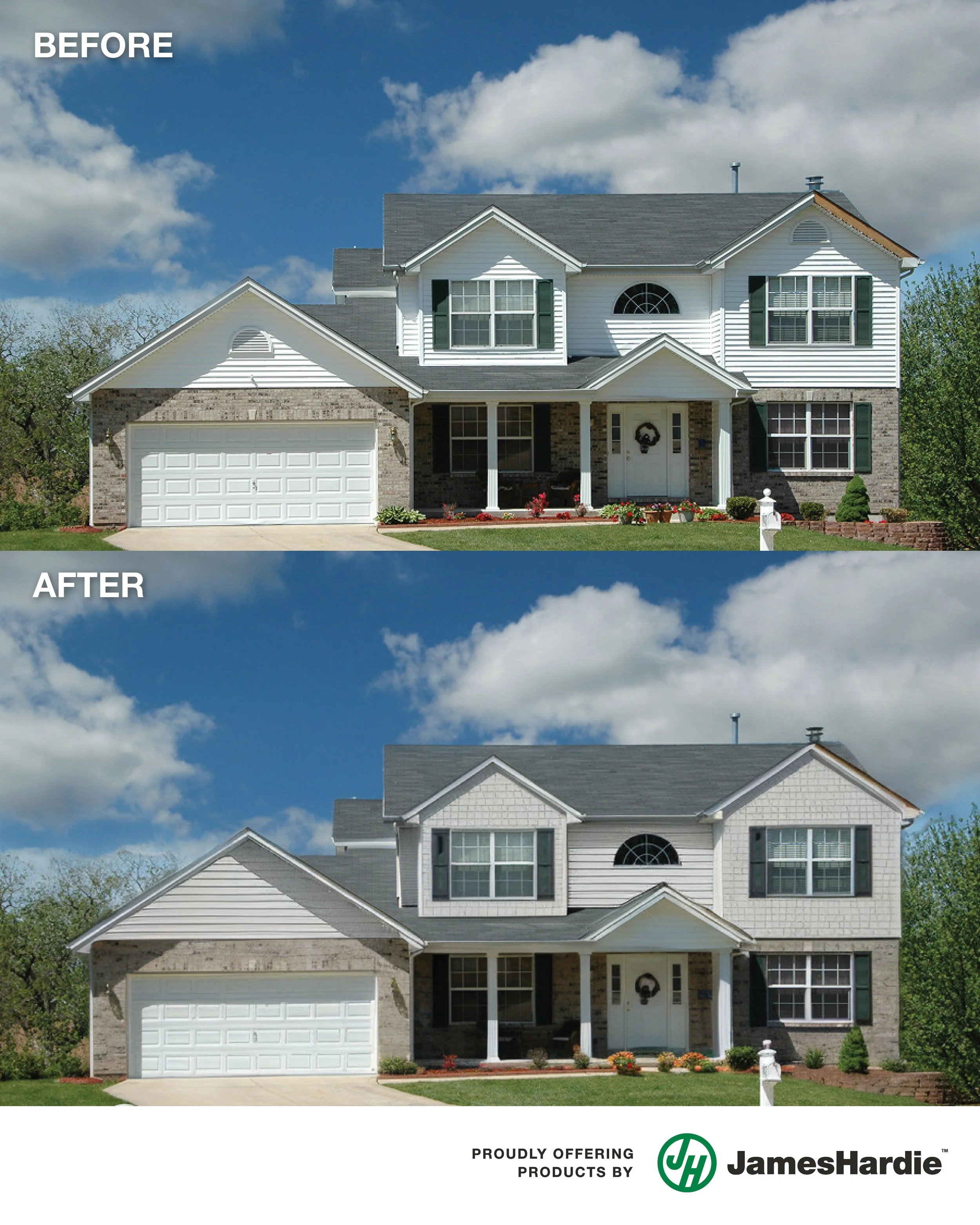Comparison image of a two-story house before and after exterior renovation, showing new garage door, siding, and window updates, with James Hardie logo and text at the bottom.