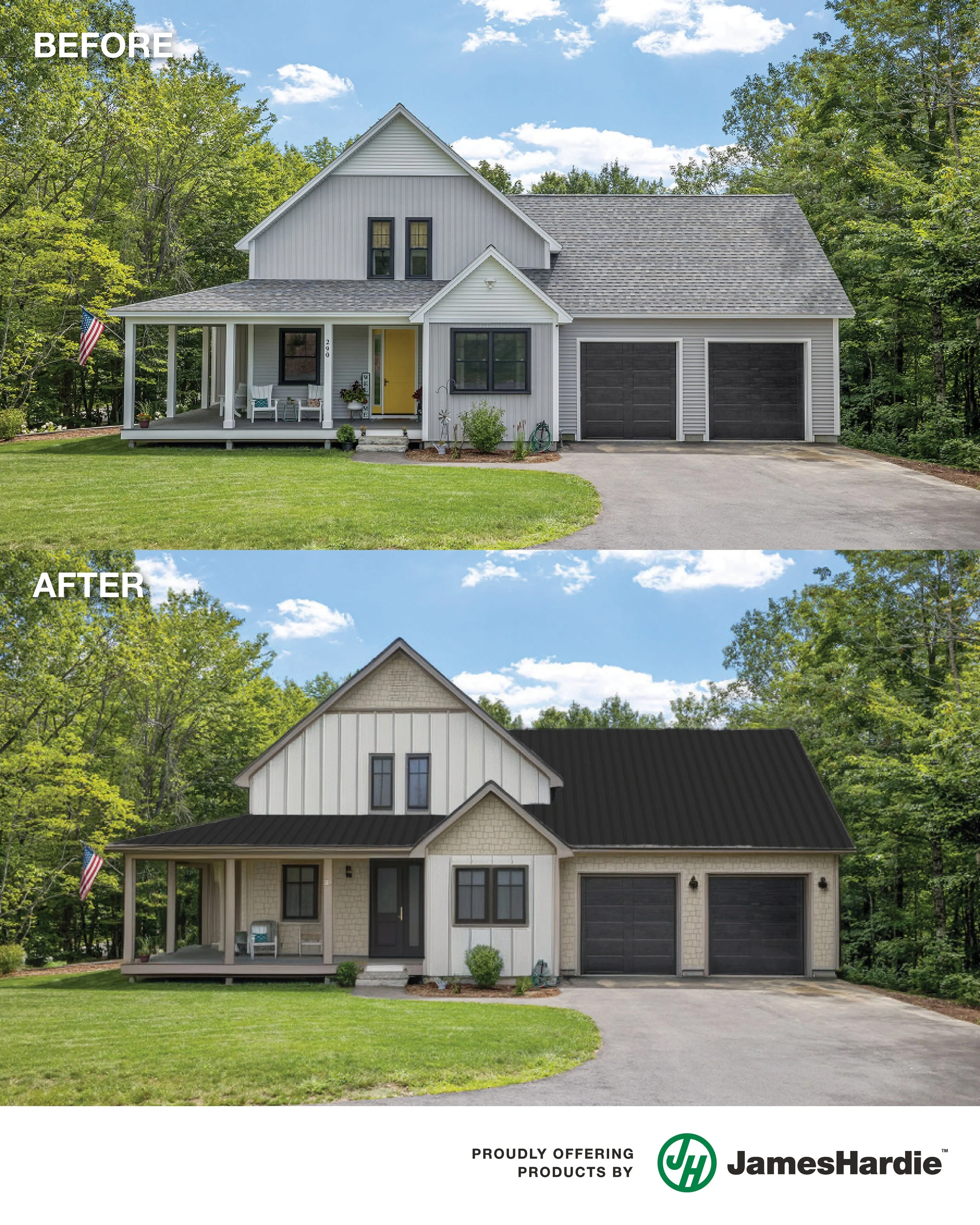 Comparison of a house before and after renovation, showing new siding, windows, and roof, with the house surrounded by trees and a grassy lawn.