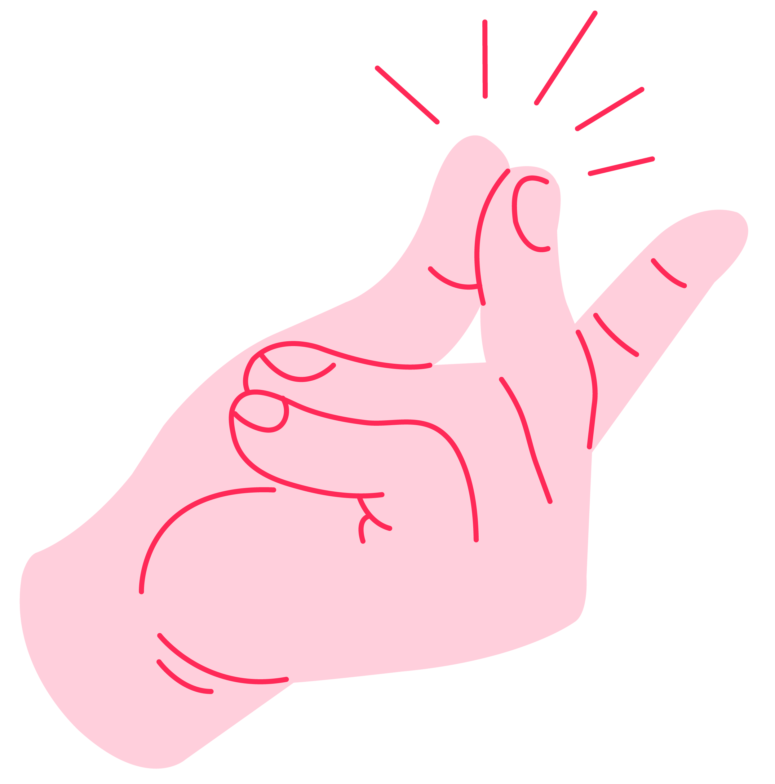 Illustration of a hand with fingers crossed, emitting a radiant glow or sparkles at the tip of the index finger, indicating hope or good luck.