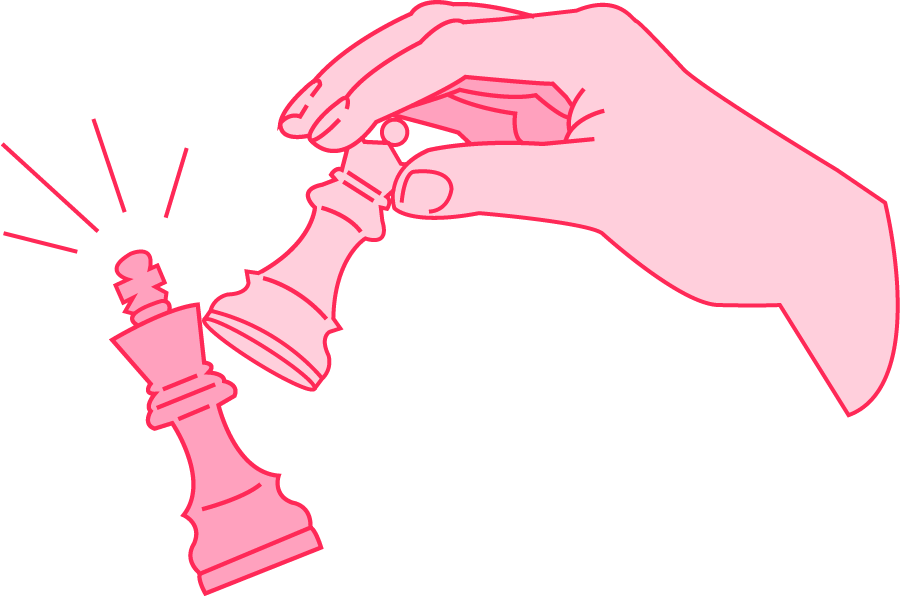 Illustration of a hand moving a pink chess king piece.