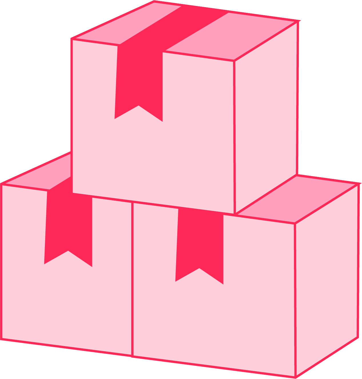 Three pink gift boxes with red ribbons and bows, stacked with two on the bottom and one on top.