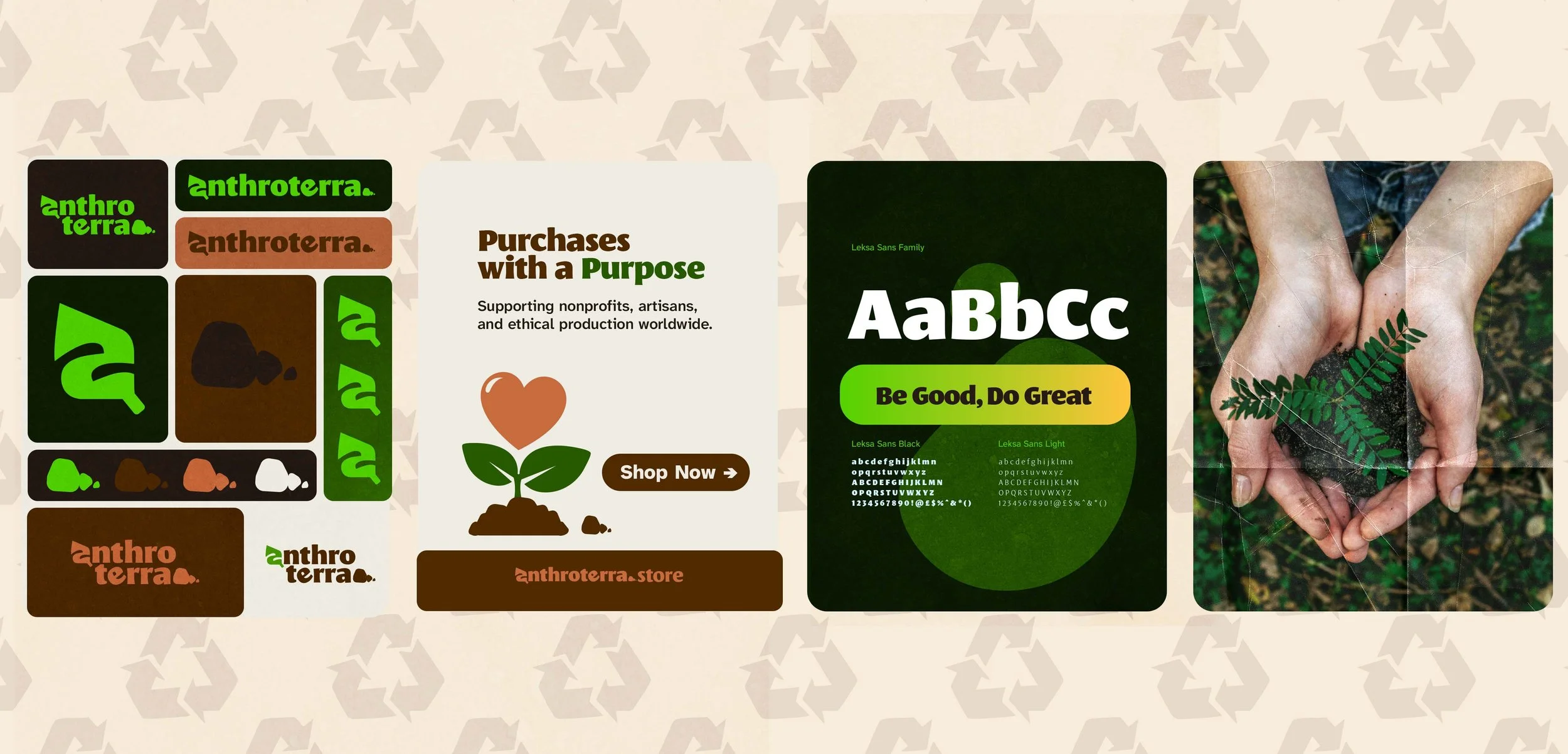 A collage of Eco-friendly branding and promotional materials, including logos, a planting graphic, text about supporting nonprofits and artisans, a font sample, and a photo of hands holding soil with a plant cutting.