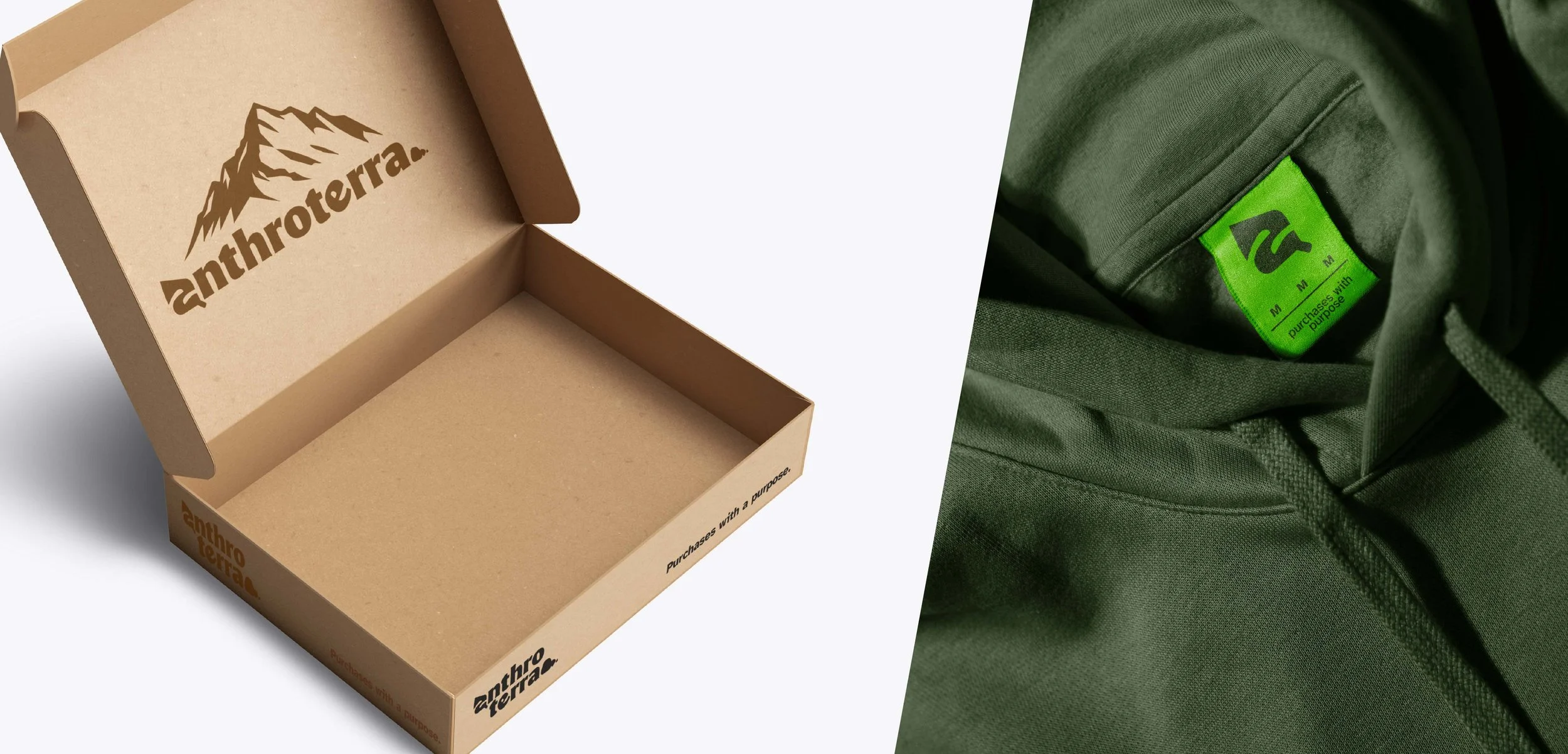Open cardboard box with 'Anthroterra' logo next to green backpack with size tag.