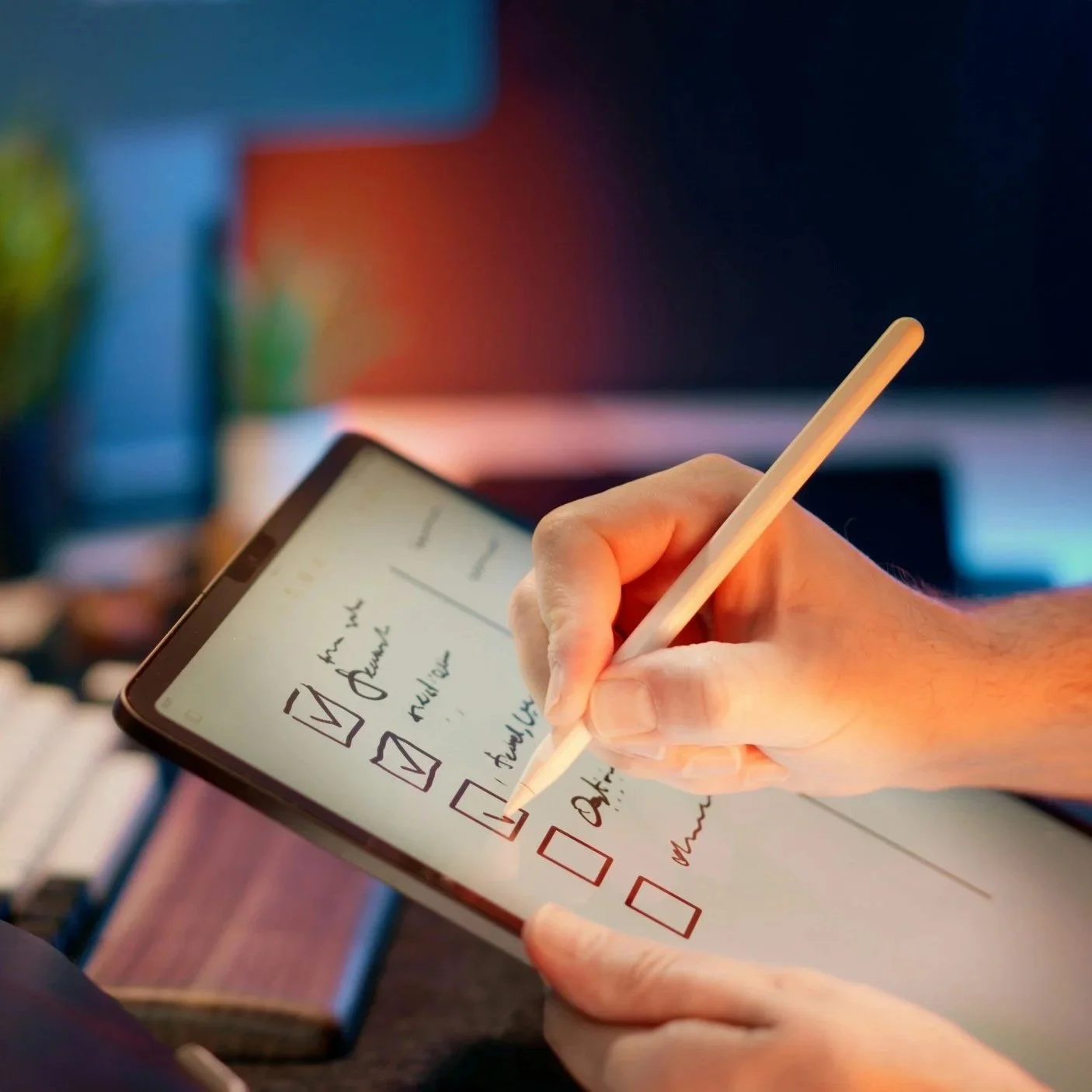 Person using a stylus to check off items on a tablet planner.