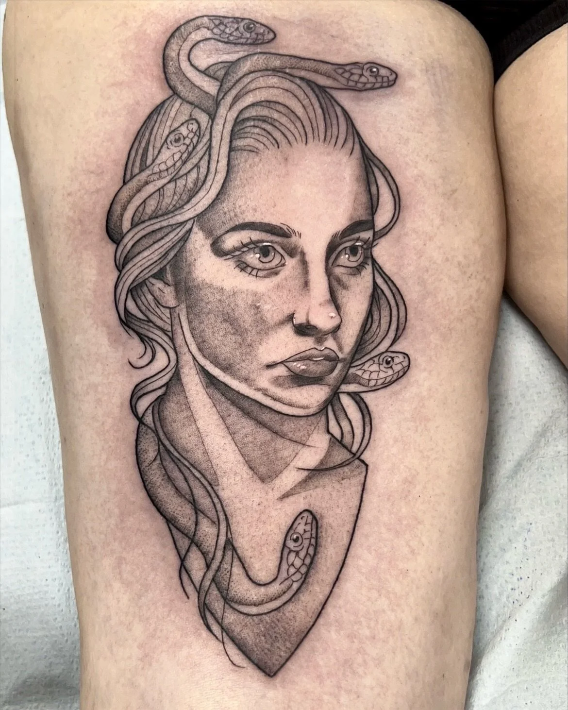 Medusa head practice grey wash tattoo! Would love to do more lady faces in January!