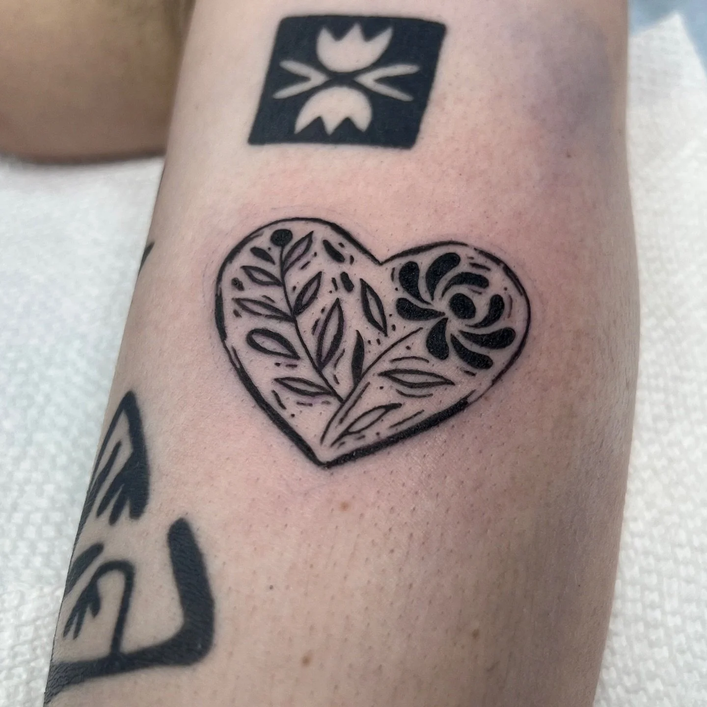 A little woodblock tattoo! and a healed flash tattoo by my at the top!