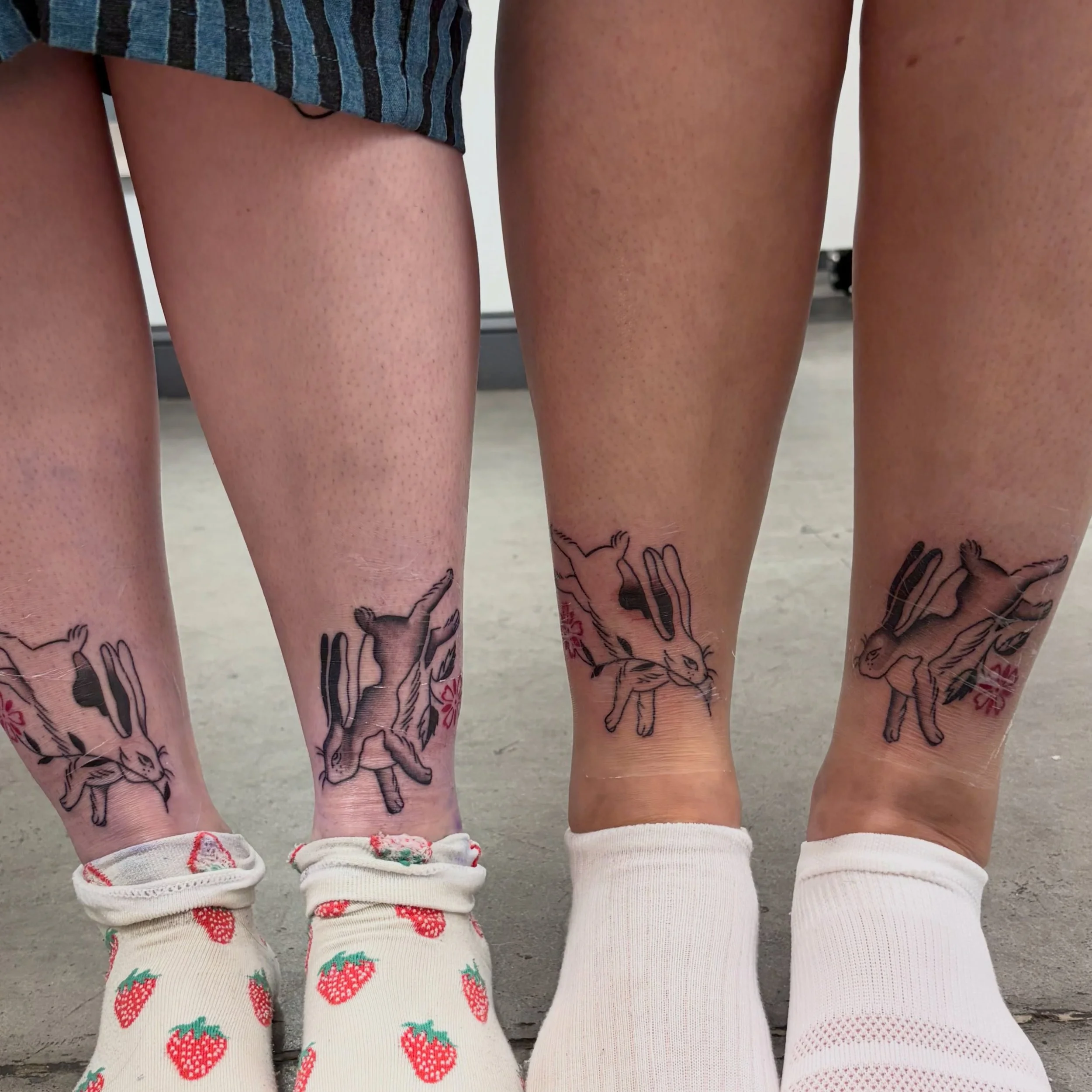 two pair of rabbit tattoos 🐇🐇 for a pair of besties 😊🙌🏽