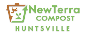 A logo of a bucket with food waste and plants, in green writing it says NewTerra Compost Huntsville