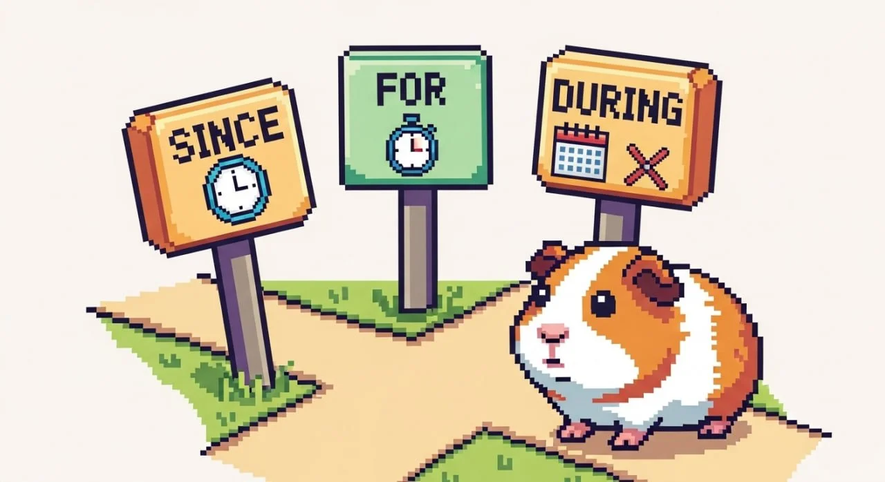 A pixel art illustration of a guinea pig on a walking path with three signs next to it. The signs say "Since" with a clock, "For" with a stopwatch, and "During" with a calendar and a cross. The style is retro pixel art.