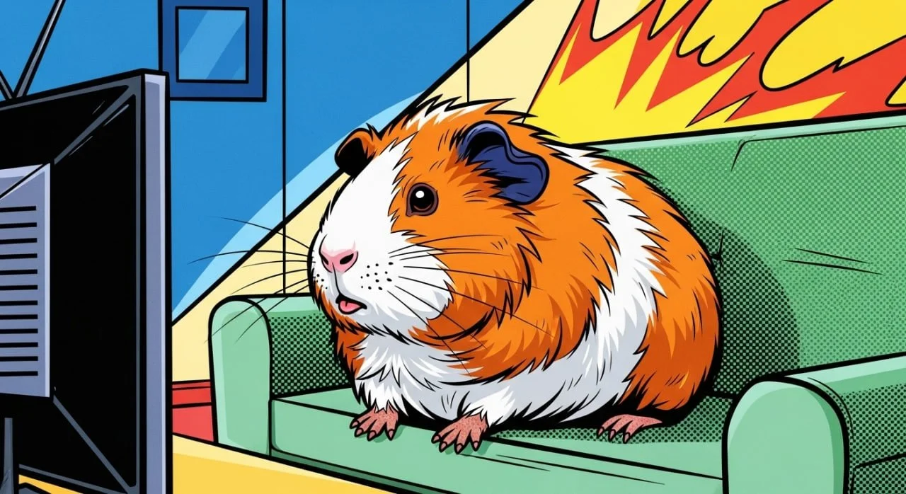 A cartoon guinea pig watching television on a green couch with comic-style background and explosion graphics.