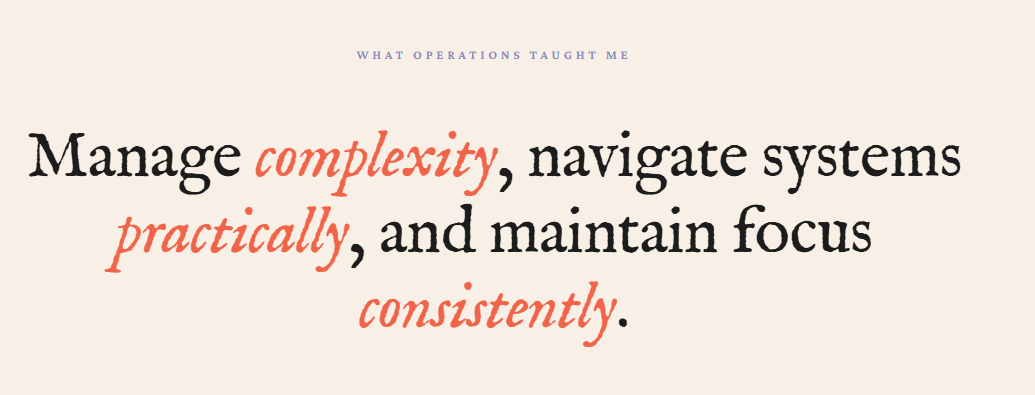 Inspirational quote about managing complexity, practicality, and focus, with different font styles and colors.