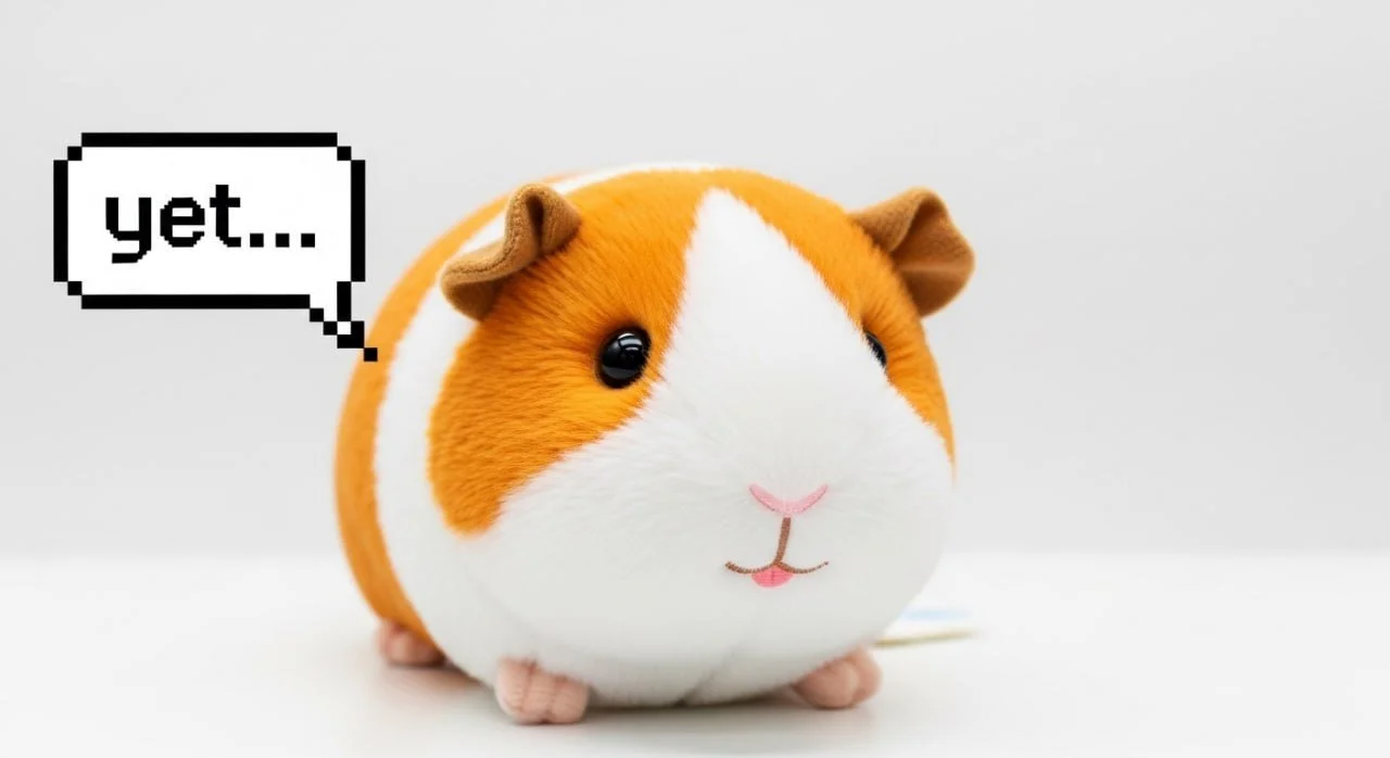 A plush guinea pig toy with a speech bubble saying "yet..."