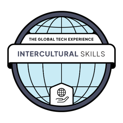 Badge with text 'The Global Tech Experience Intercultural Skills' featuring a globe and hand icon.