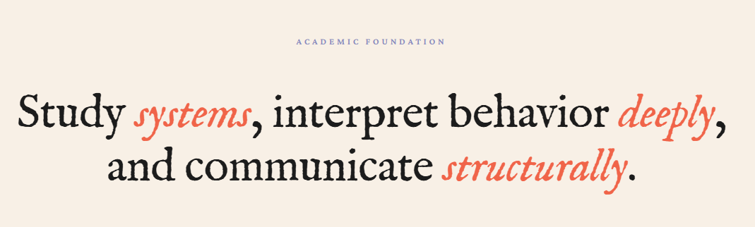 Quote with the text: 'Study systems, interpret behavior deeply, and communicate structurally' in black and red font, top center of the image with a light beige background.