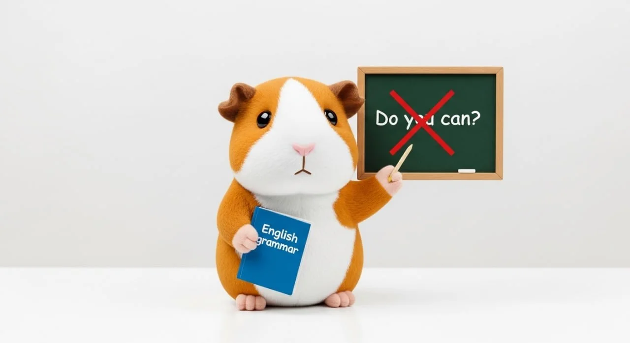 A cartoon guinea pig holding a blue book titled "English Grammar" and pointing to a chalkboard with a red cross over the question "Do you can?"