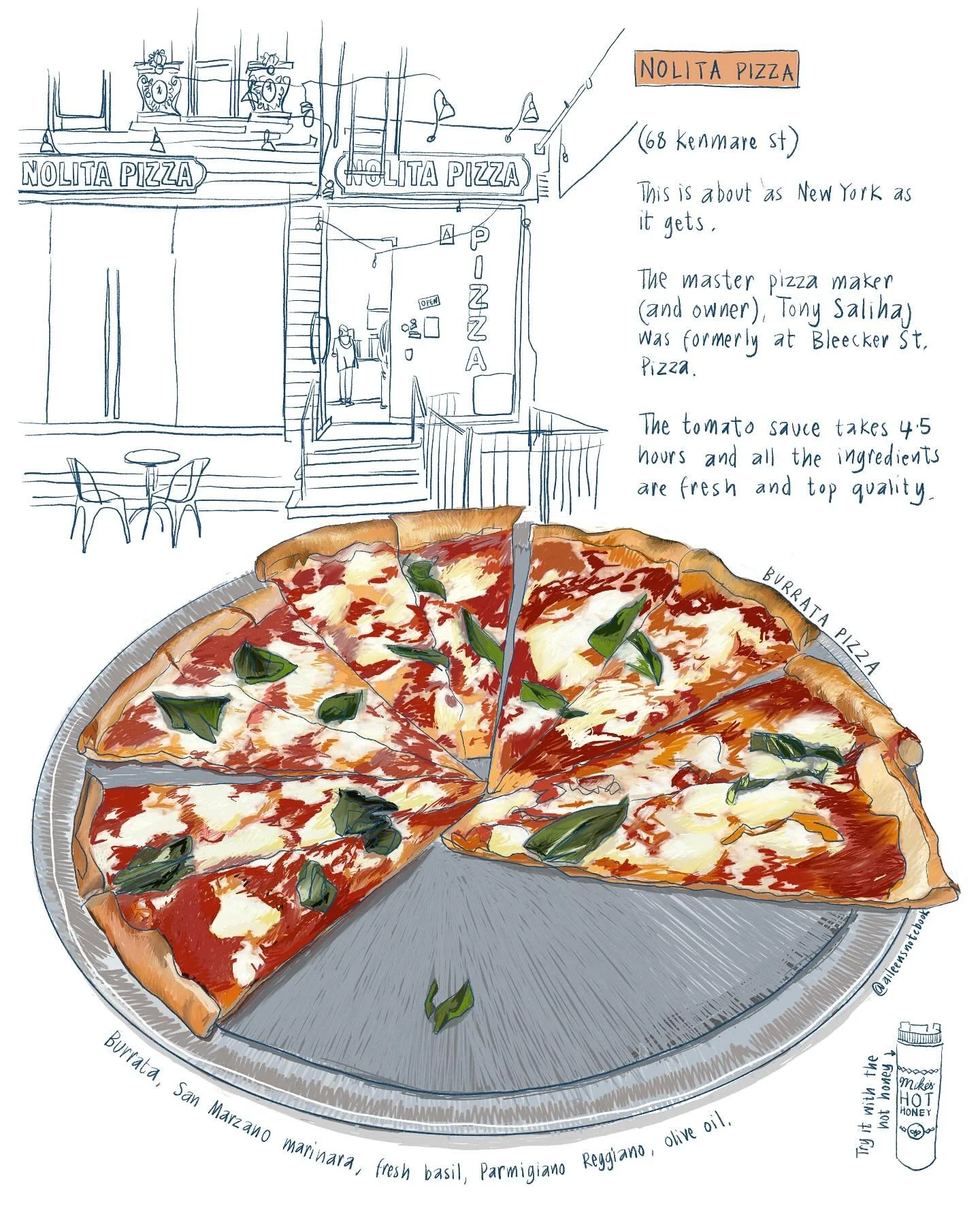 Well I wasn&rsquo;t going to go to NYC and not draw food, was I? 
@nolitapizzanyc is the real thing. Discovered thanks to Alex from @tasty_tours_nyc (wonderful, informative and extremely tasty tours) 
#foodillustration #nycfood #pizza #illustration #