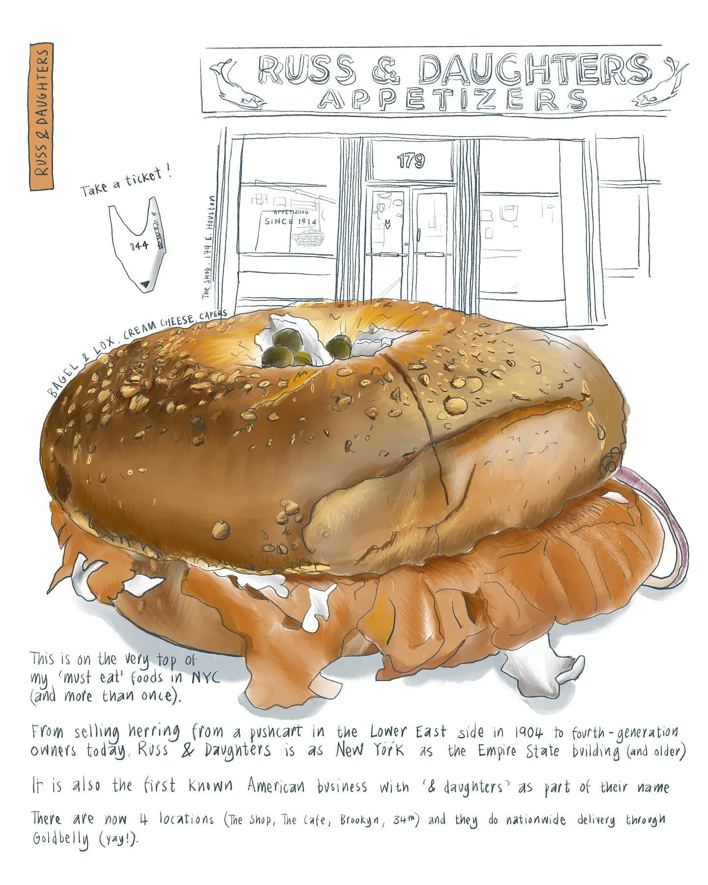@russanddaughters lox bagel is my answer to what&rsquo;s the one thing you have to eat when in NYC. Always sooo good. #foodillustration #nyc #russanddaughters #illustration #nycfood #bagel #lox