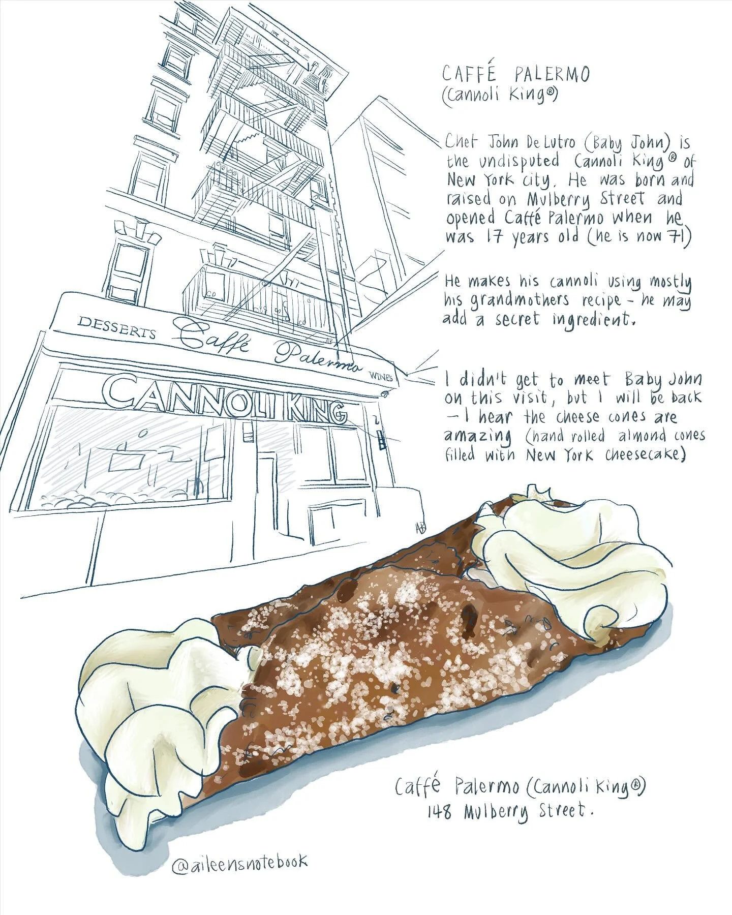 Best cannoli I&rsquo;ve ever tasted - but it was from the Cannoli King @caffepalermonyc so I expected it to be good! 
Thanks again to @tasty_tours_nyc for including this in your tour 
#foodillustration #nycfood #illustration #cannoli #mulberrystreet 