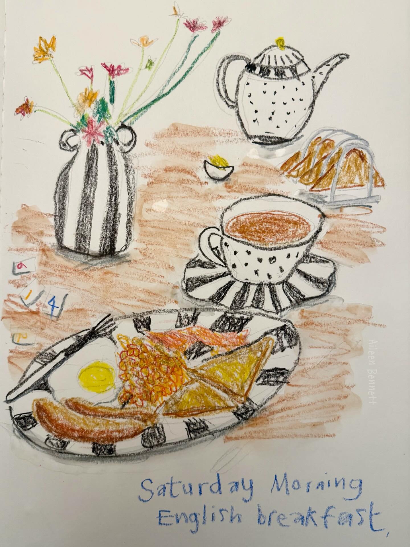 Still illustrating- I can hold a pencil (in a makeshift padded piece of foam) for about 10 mins max and the rest is with my left hand. 
As long as I can create, I can get through this! #brokenwrist  #ididnotreallyhavebaconbutitlookedbetterforthedrawi