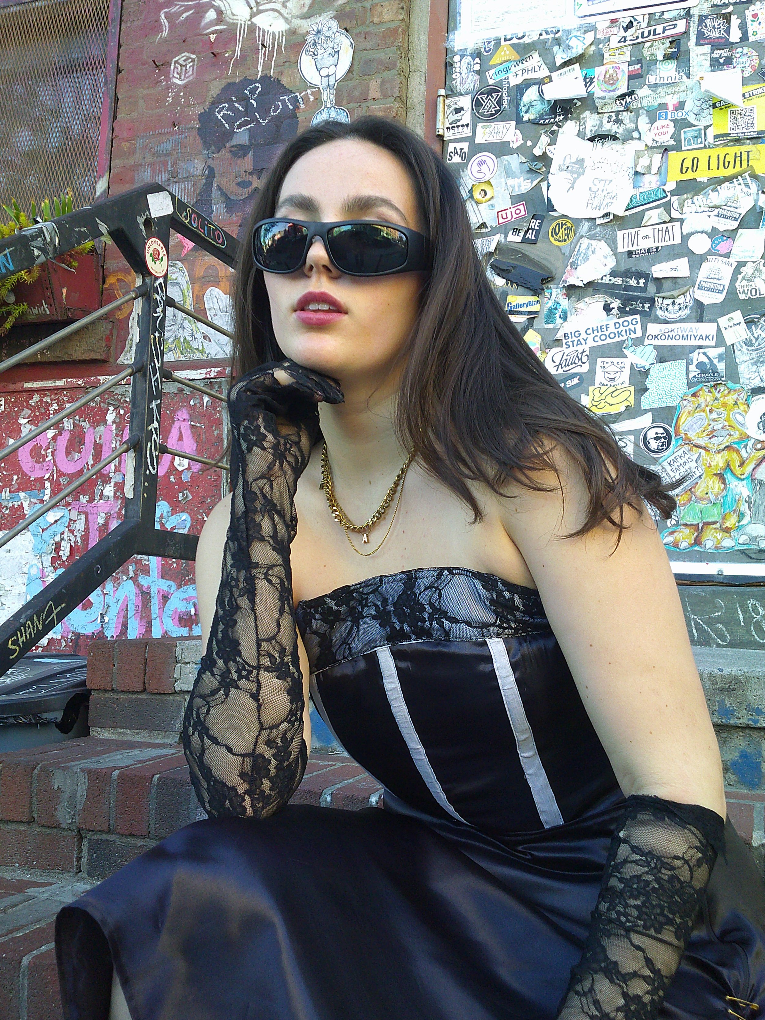 Three Piece Set
Grunge and Galmour
Corset, Lace Gloves, Maxi Skit
Silk Satin Lace and Safety Pin embellishments