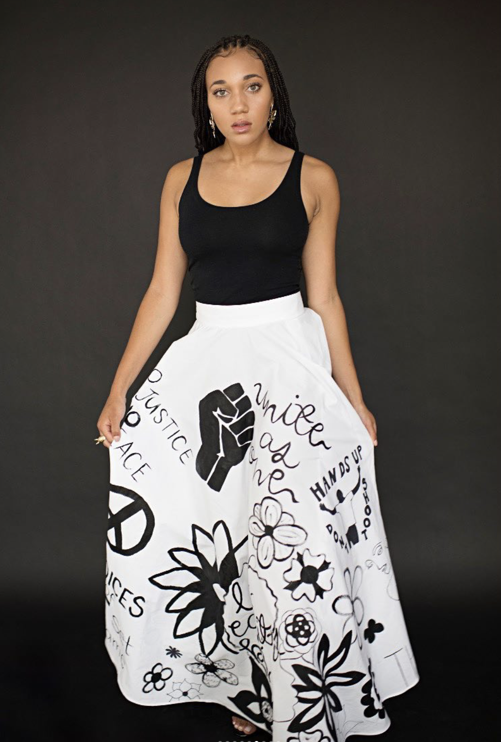 BLM Skirt
Paint on Cotton
Made for one of my friends, Kaia Woodford, who led protests and raised awareness for BLM in Bexley and Columbus Ohio. She was featured in a magazine and wore this skirt