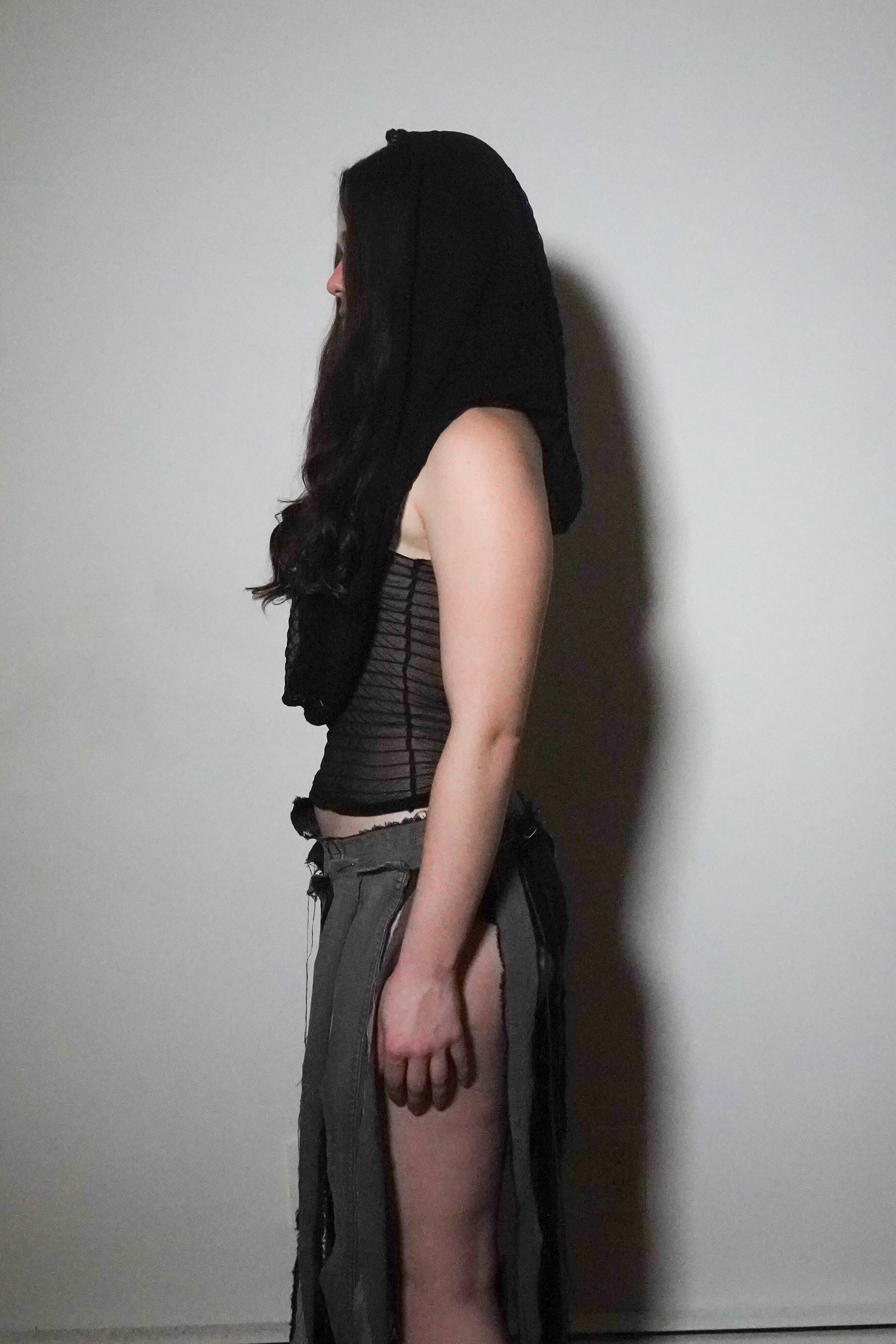 Tube Hood Top and Denim Strip Skirt
Sheer Jersey Denim Saftey Pins