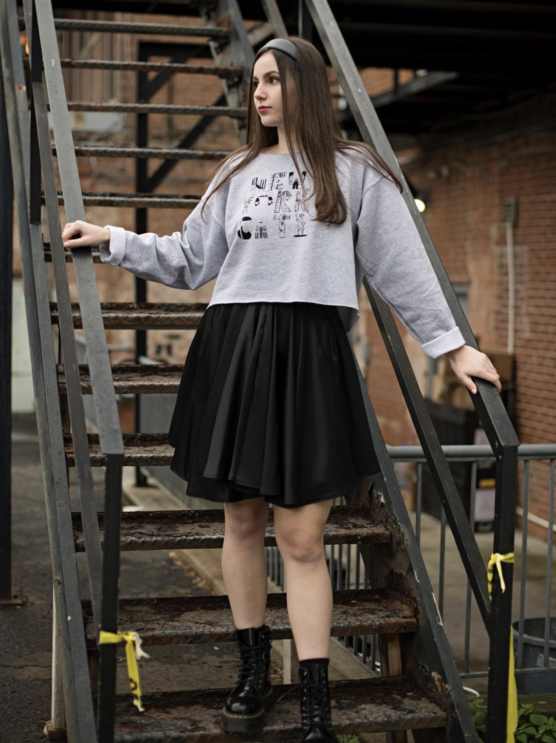 Screenprint NYC Graphic Sweatshirt, Long Sleeve Button Down, Swing Skirt
Black Fabric paint on Cotton, Cotton blend, and Satin
