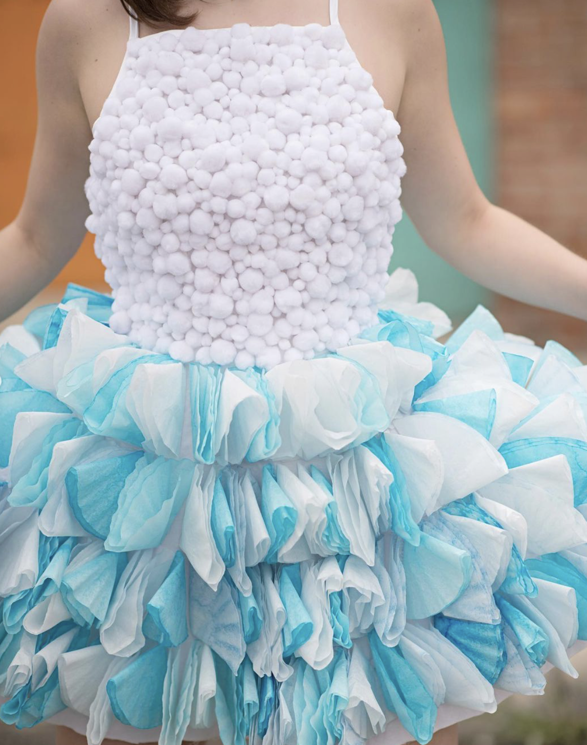 Muslin Dress with Dyed Coffee Filters and Cotton Balls