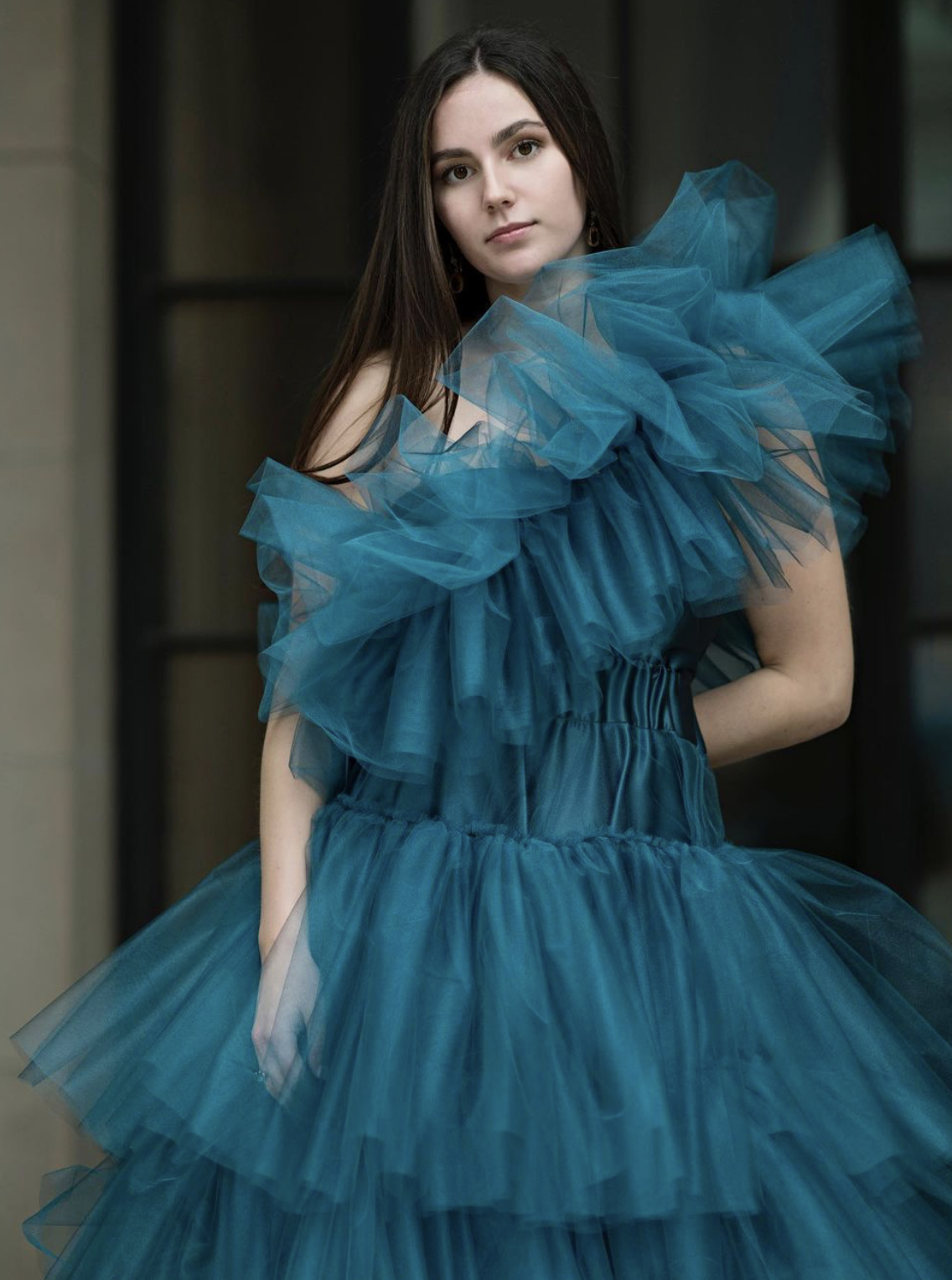 Evening Gown
Teal satin and tulle fabric