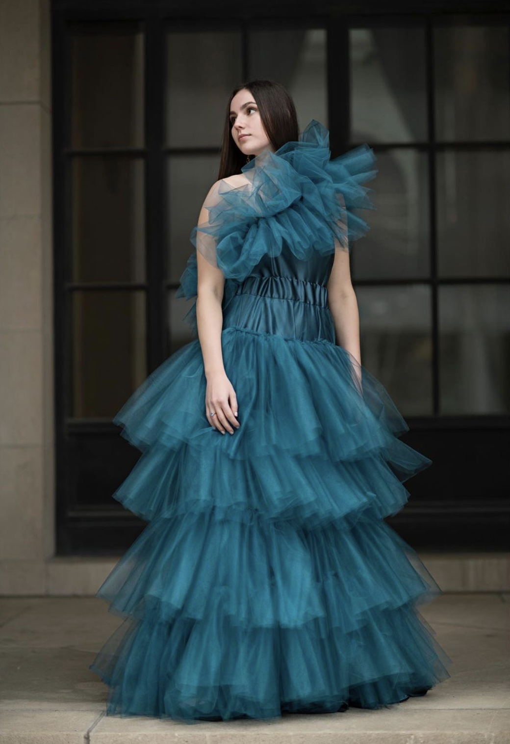 Evening Gown
Teal satin and tulle fabric