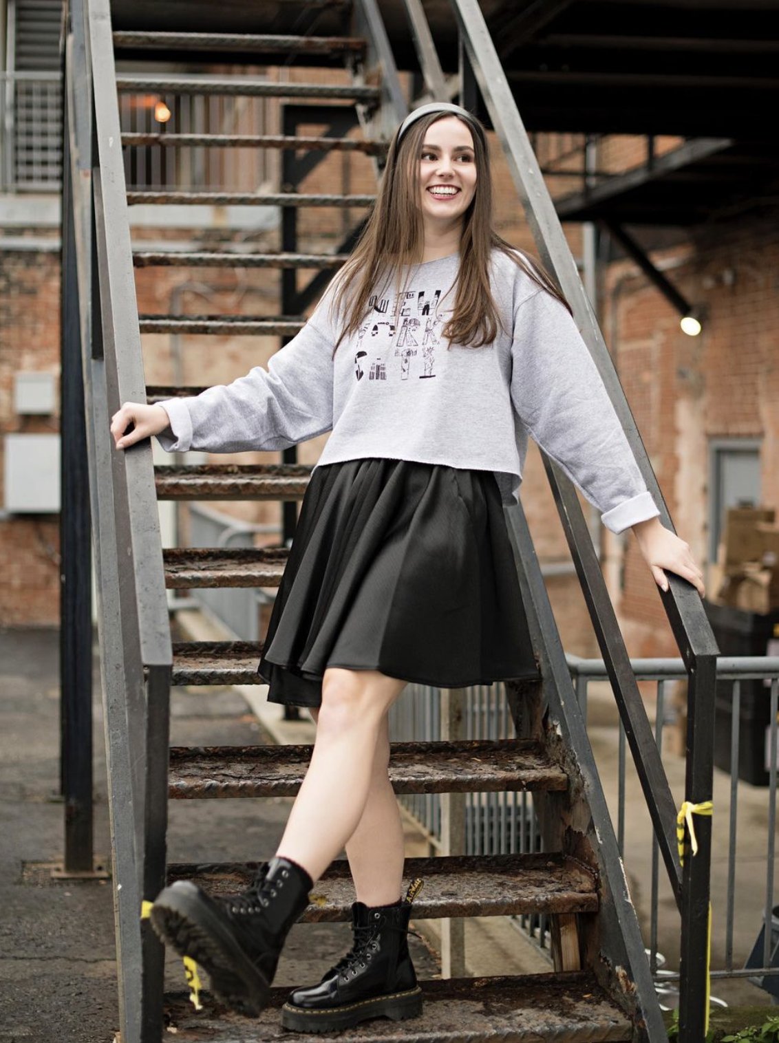 Screenprint NYC Graphic Sweatshirt, Long Sleeve Button Down, Swing Skirt
Black Fabric paint on Cotton, Cotton blend, and Satin