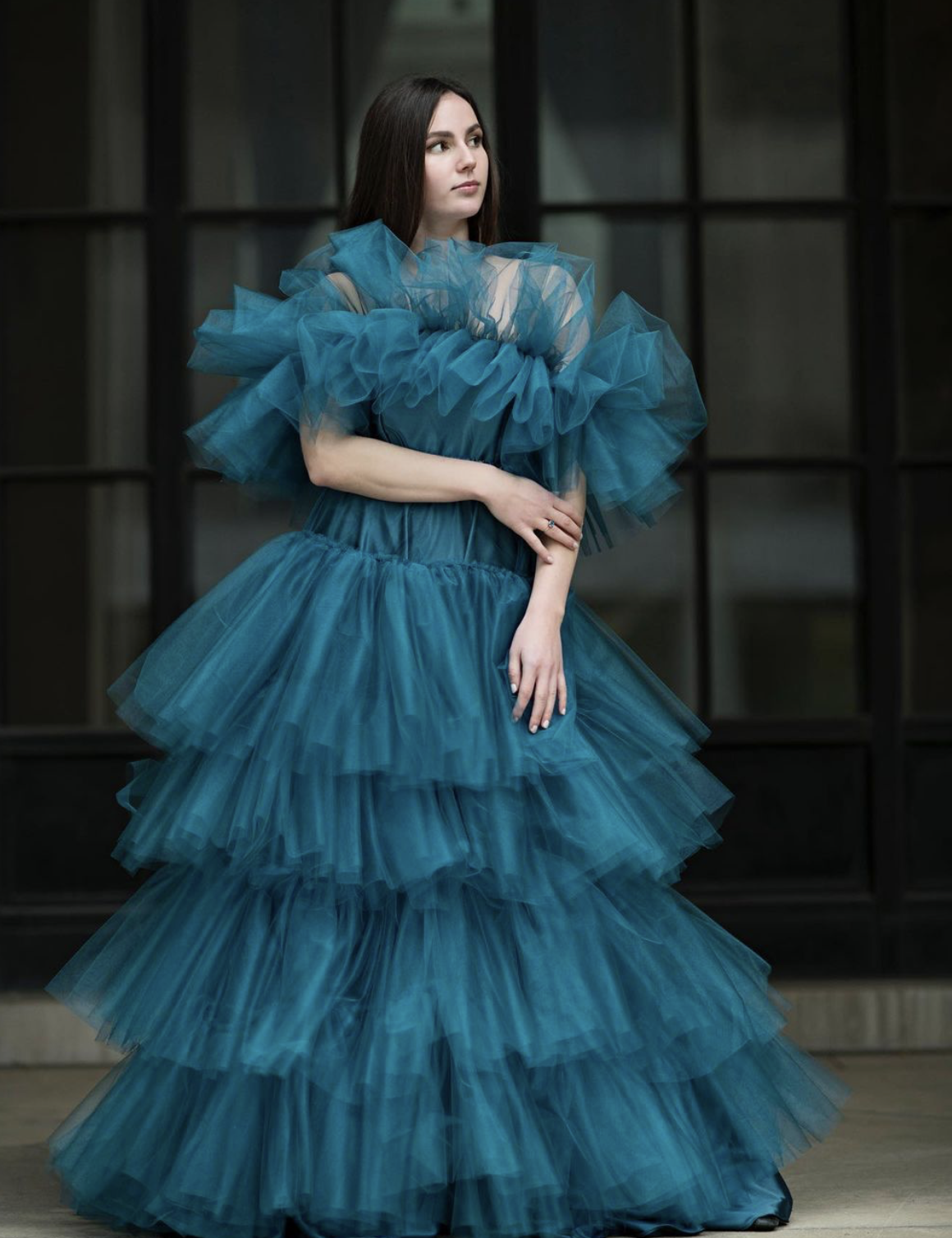 Evening Gown
Teal satin and tulle fabric